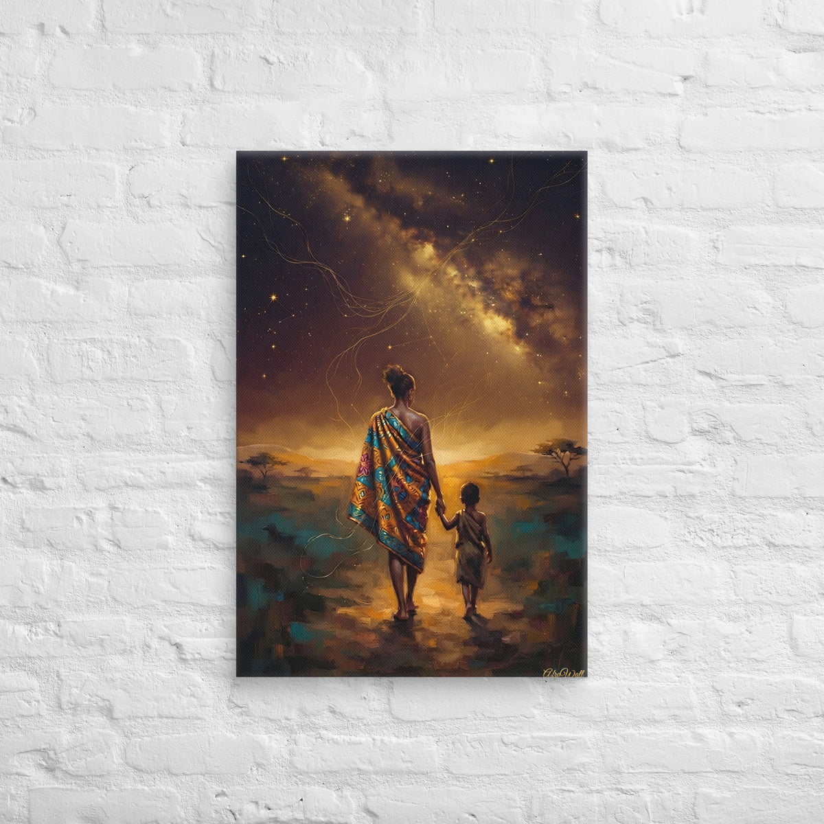 Toile Le chemin vers la lumière (mère et enfant sous la Voie lactée) – accrochée au mur, format 50 × 75 cm