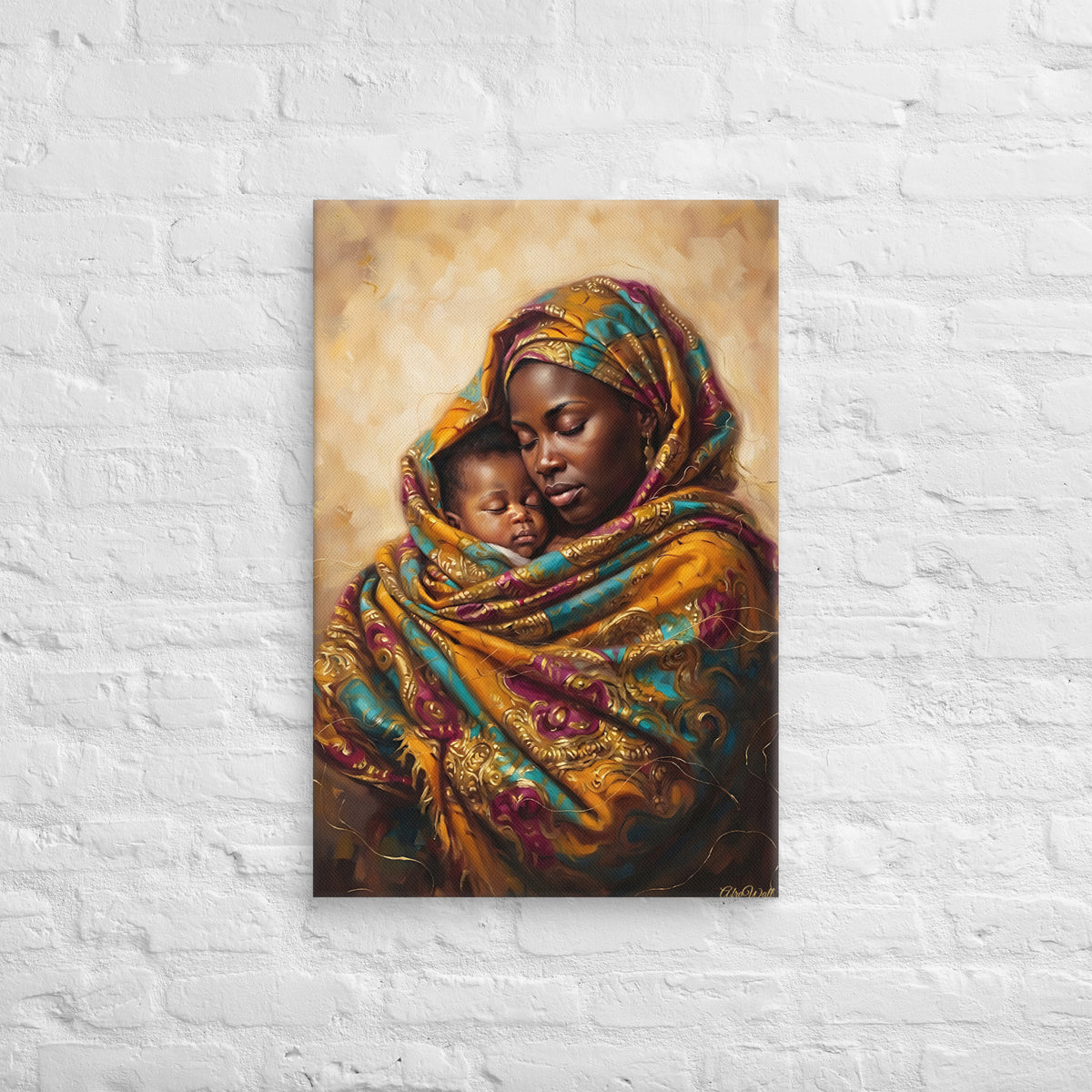 Toile Mon Refuge (mère et bébé enveloppés dans un wax) – accrochée au mur, format 50 × 75 cm