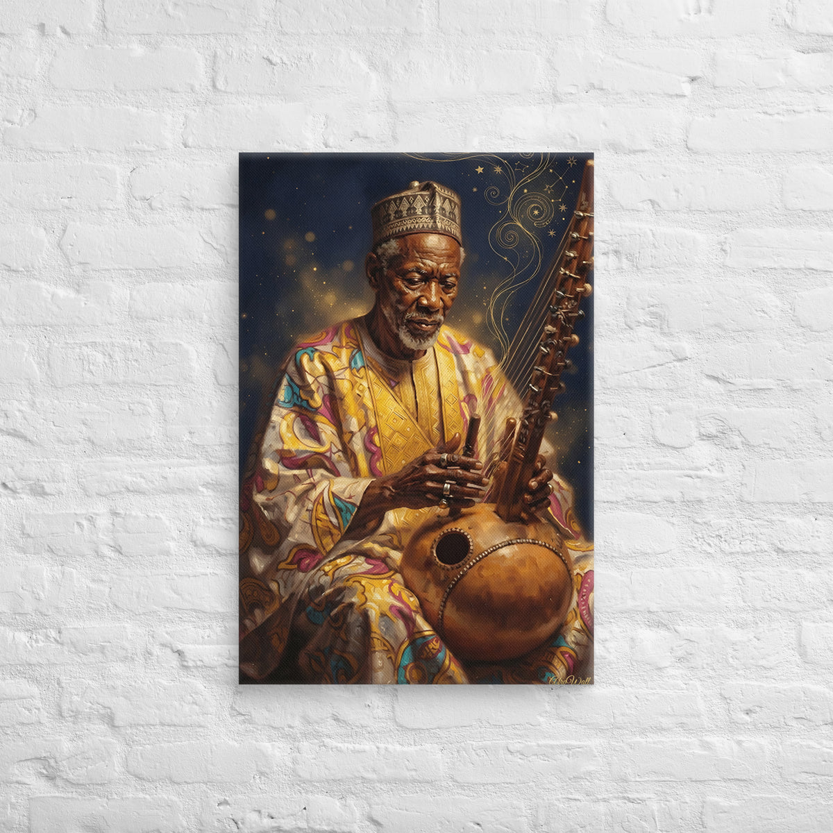 Toile Mémoire vivante (griot jouant de la kora) – accrochée au mur, format 50 × 75 cm