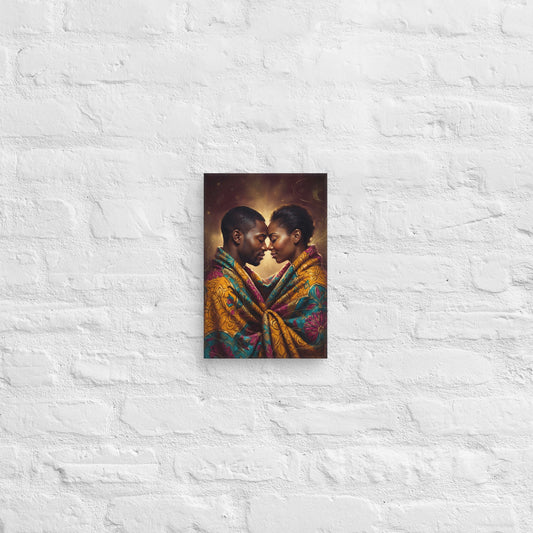 Toile Un seul souffle (couple front contre front dans un pagne wax) – accrochée au mur, format 20 × 30 cm