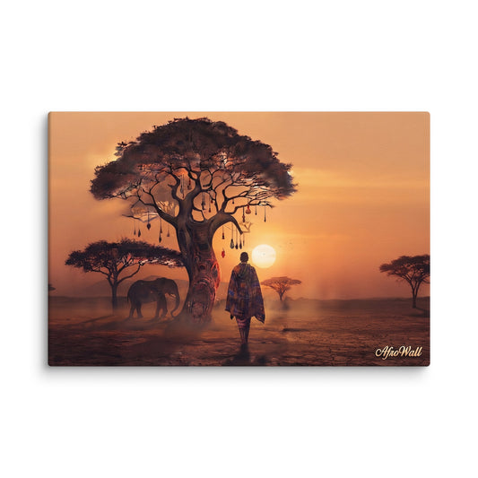 Toile Horizon Africain (voyageur et éléphant au coucher du soleil) – accrochée au mur, format 20 × 30 cm