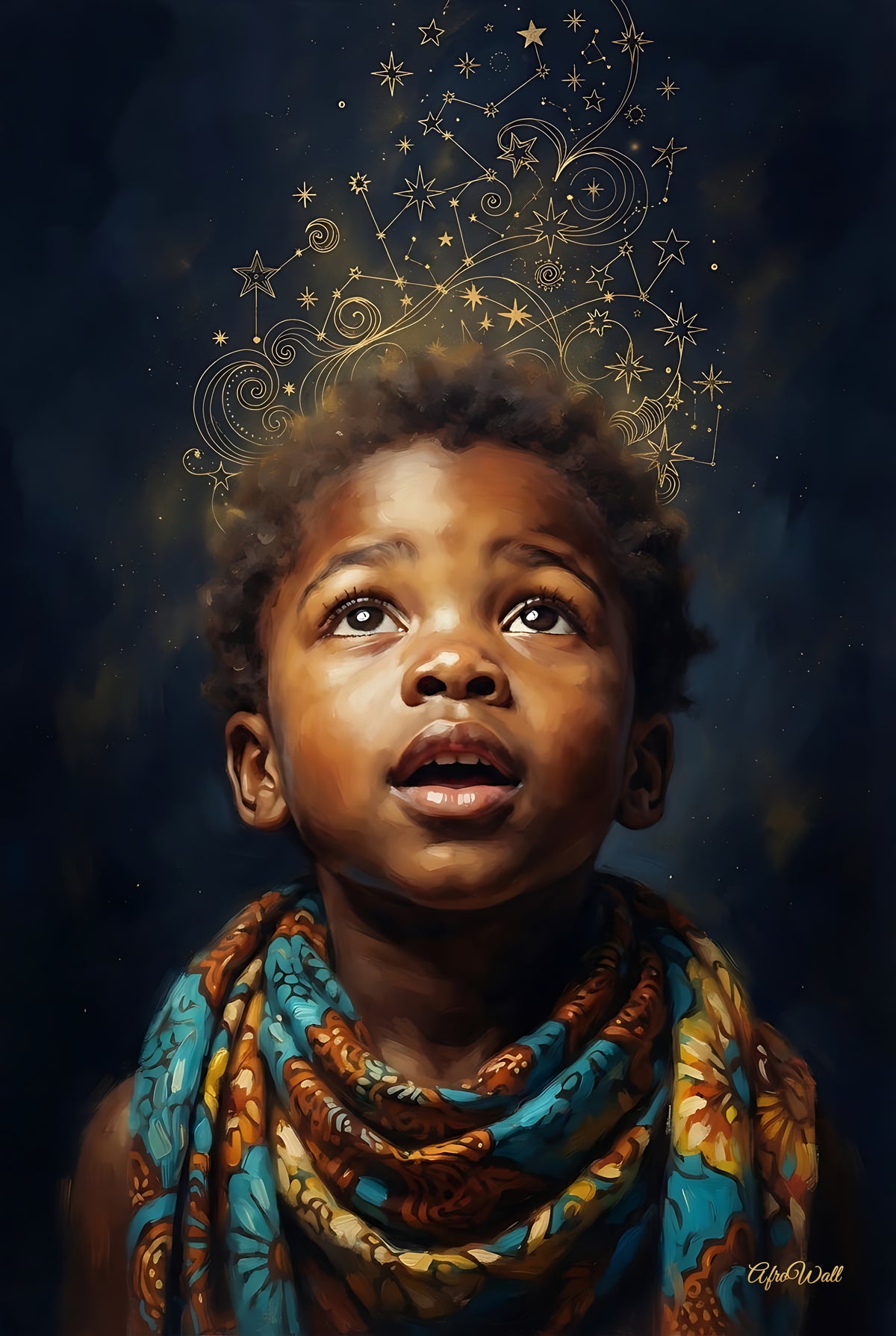 Toile Poussière d'étoiles (enfant contemplant les étoiles) – vue de face