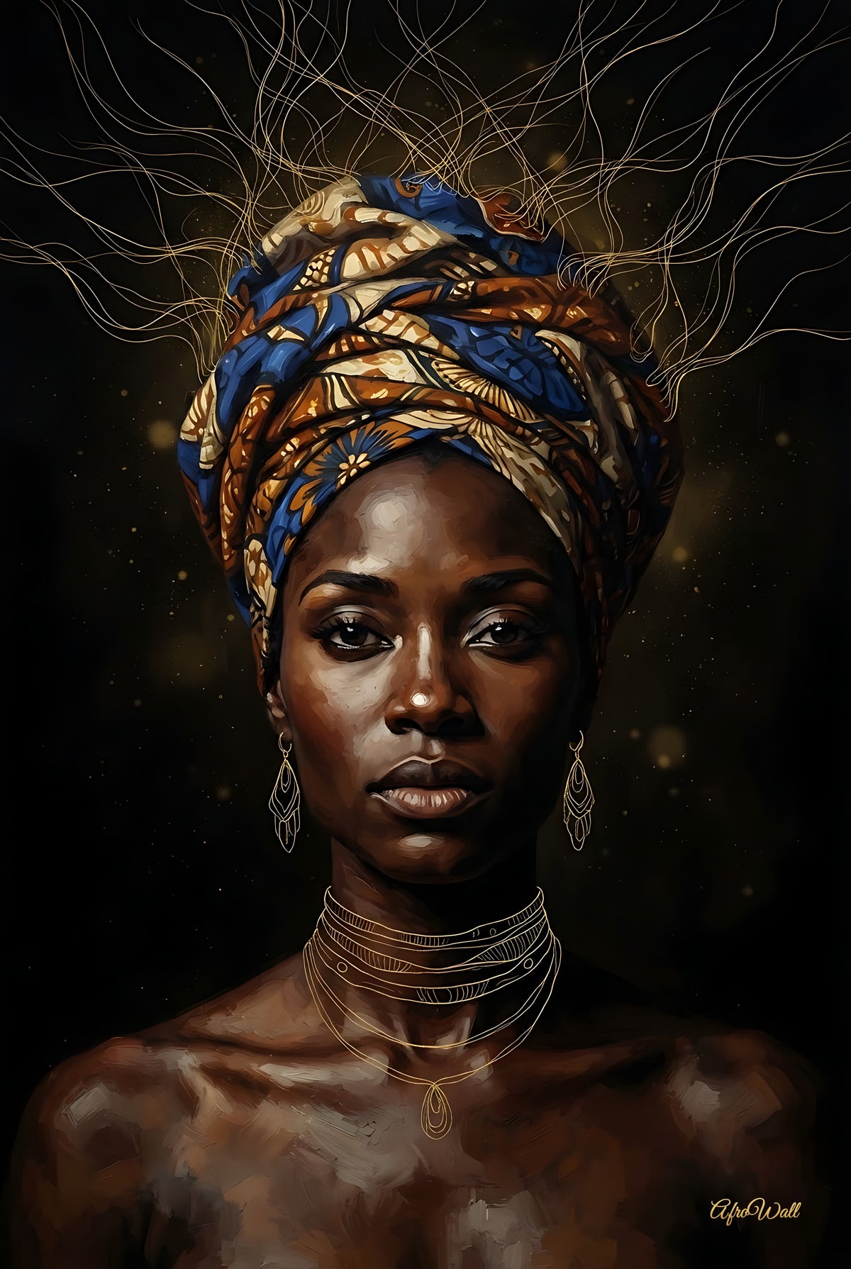 Toile Héritière (portrait de femme au turban wax bleu et or) – vue de face