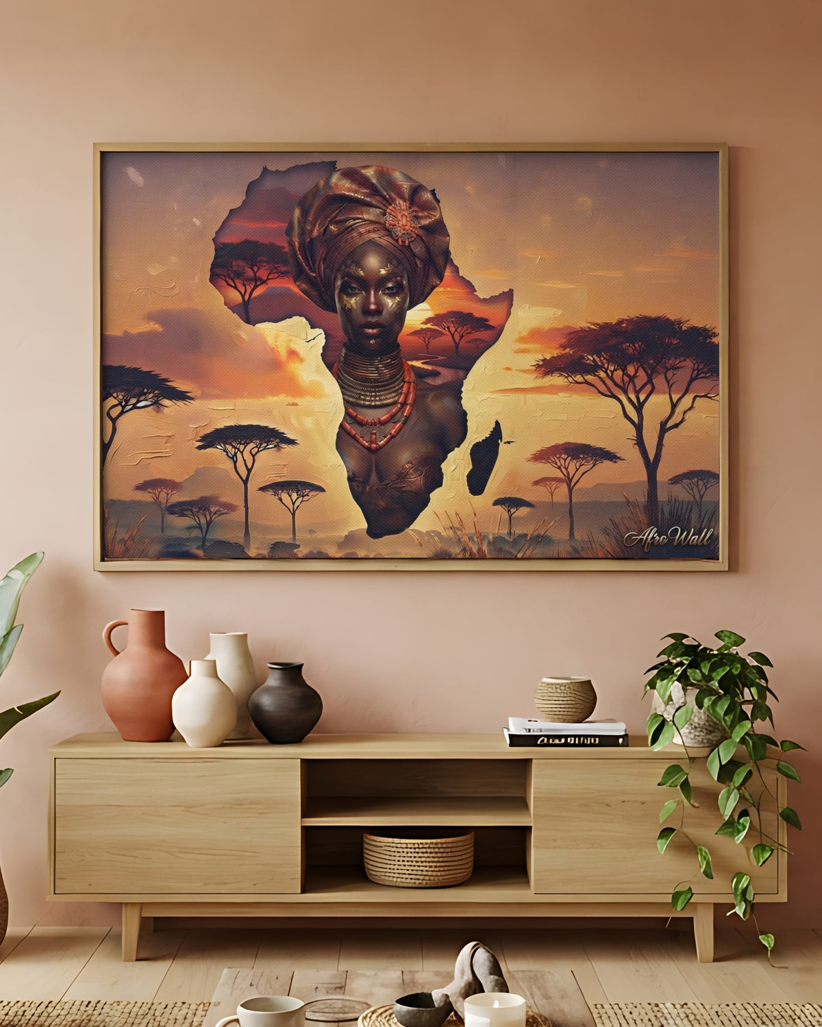 Toile Âme du Continent (femme dans la carte de l'Afrique) – accrochée dans un salon