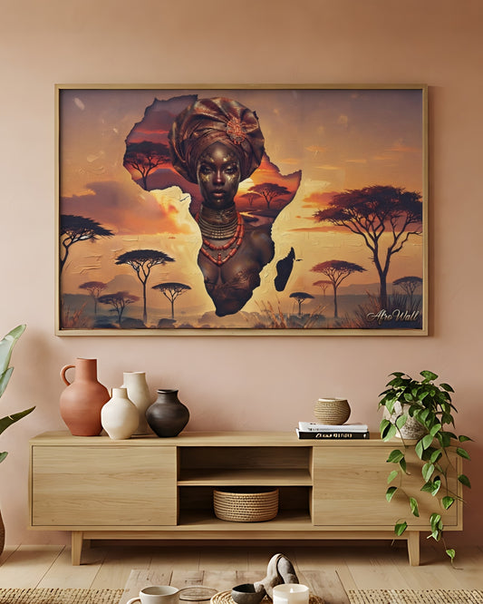 Toile Âme du Continent (femme dans la carte de l'Afrique) – accrochée dans un salon