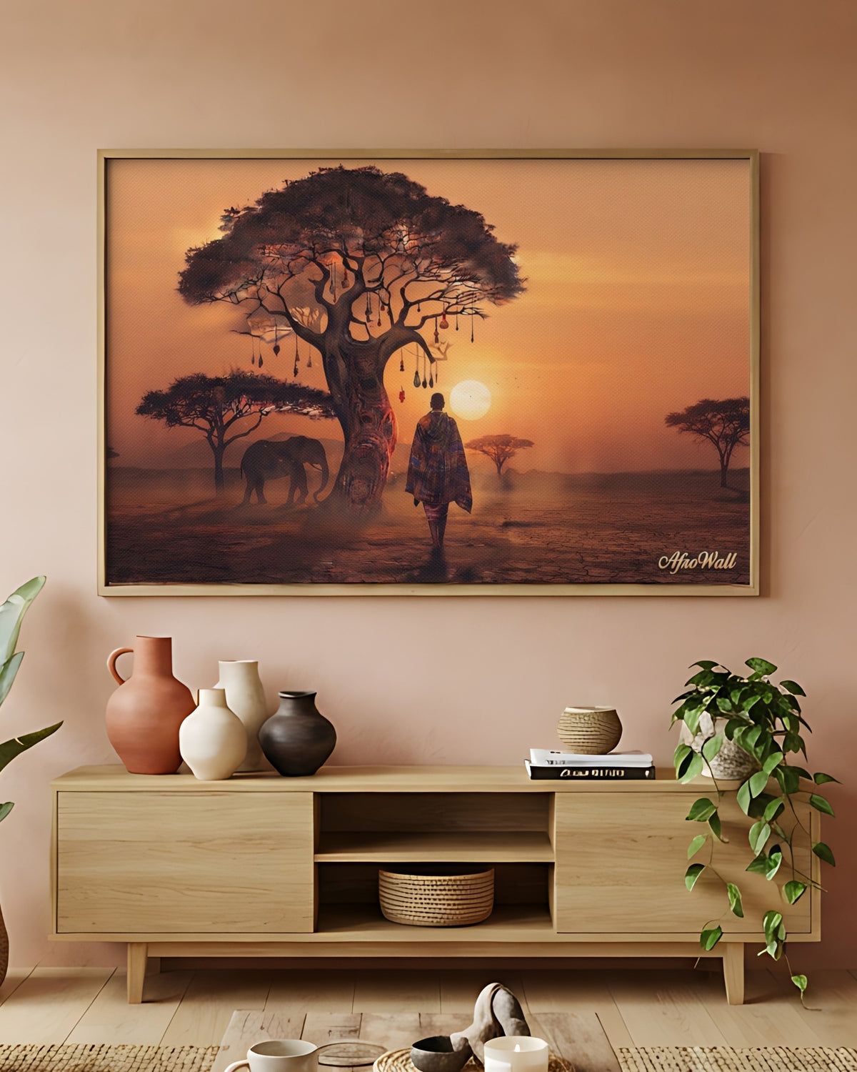 Toile Horizon Africain (voyageur et éléphant au coucher du soleil) – accrochée dans un salon