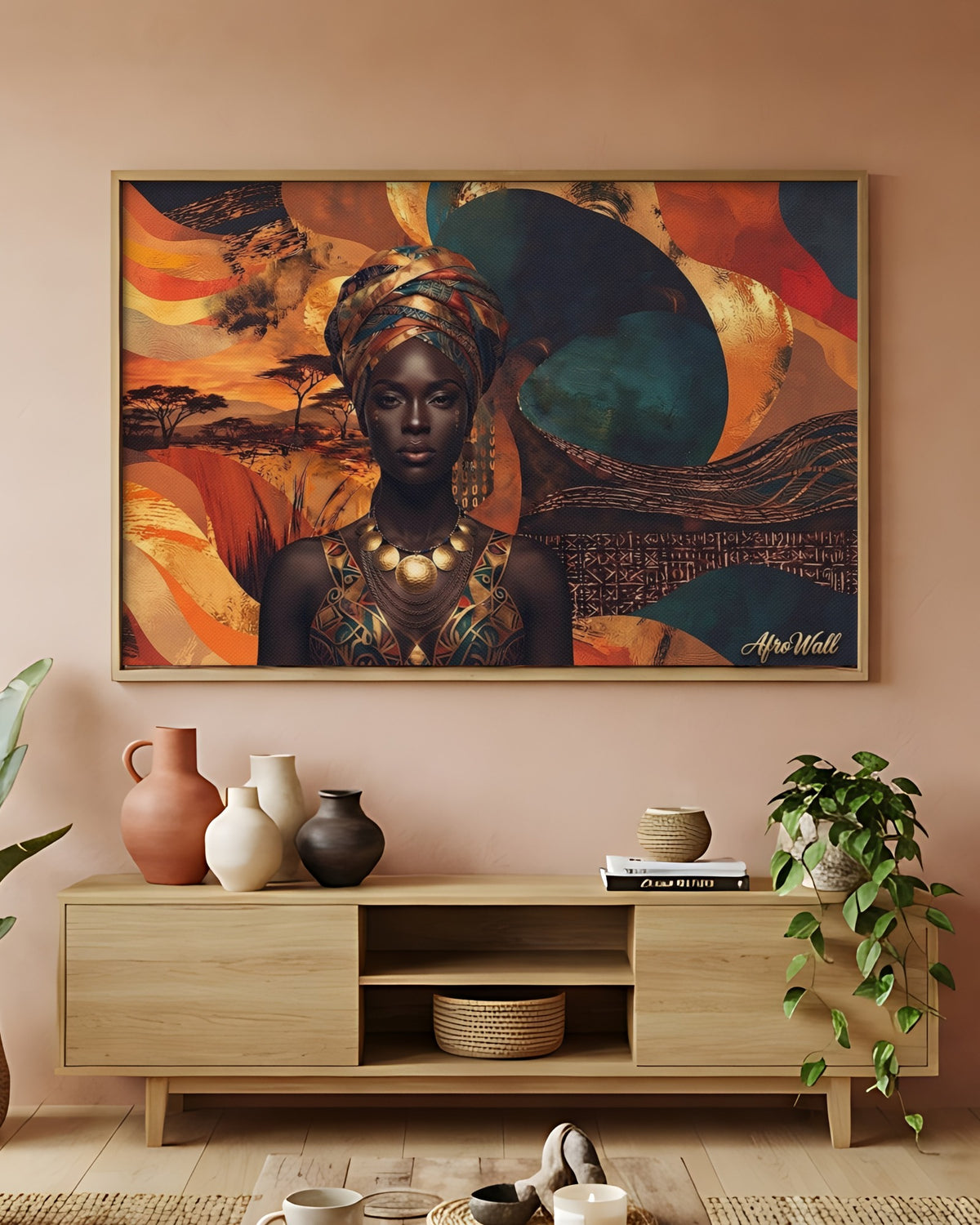 Toile Majesté (portrait de femme au foulard doré) – accrochée dans un salon