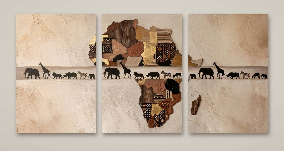 Triptyque Safari · Le Grand Voyage – carte de l'Afrique et animaux, 3 toiles