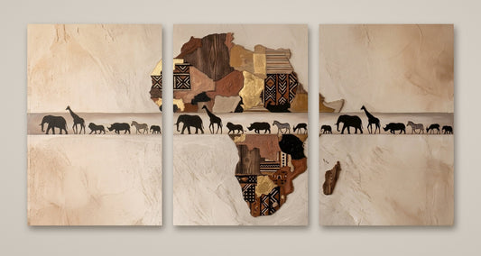 Triptyque Safari · Le Grand Voyage – carte de l'Afrique et animaux, 3 toiles