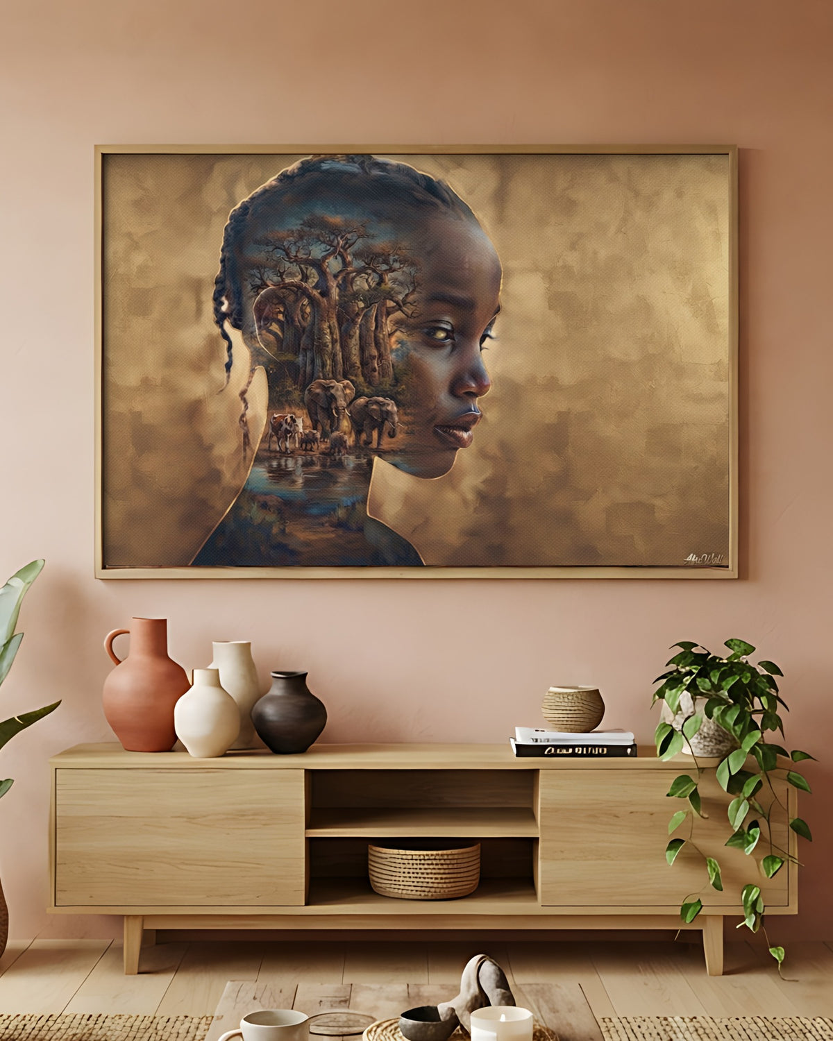 Toile Portrait Ancestral (profil de femme et savane aux baobabs) – accrochée dans un salon
