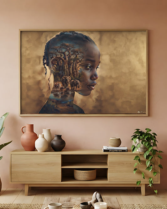 Toile Portrait Ancestral (profil de femme et savane aux baobabs) – accrochée dans un salon