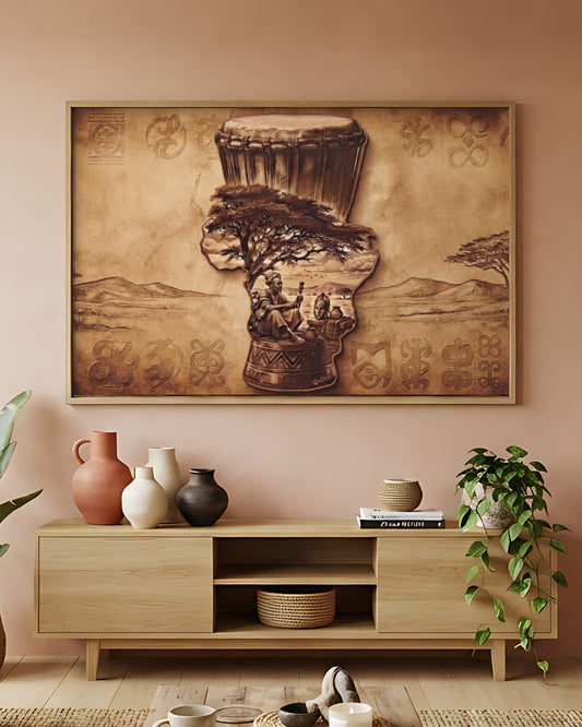 Toile Terre Mère (djembé, acacia et symboles adinkra) – accrochée dans un salon
