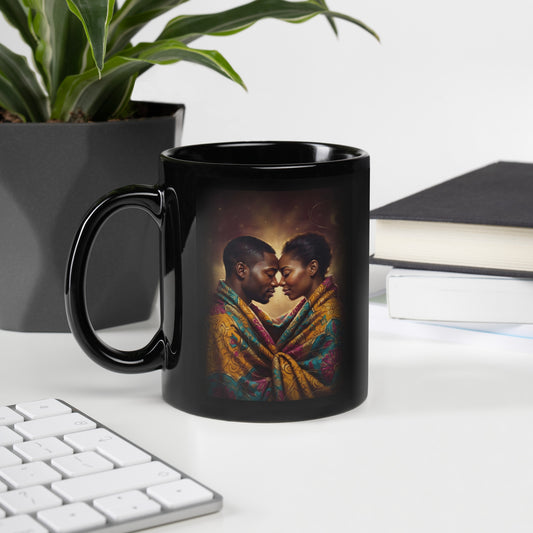 Mug Un seul souffle, couple africain enlacé dans un pagne wax – céramique noire 325 ml
