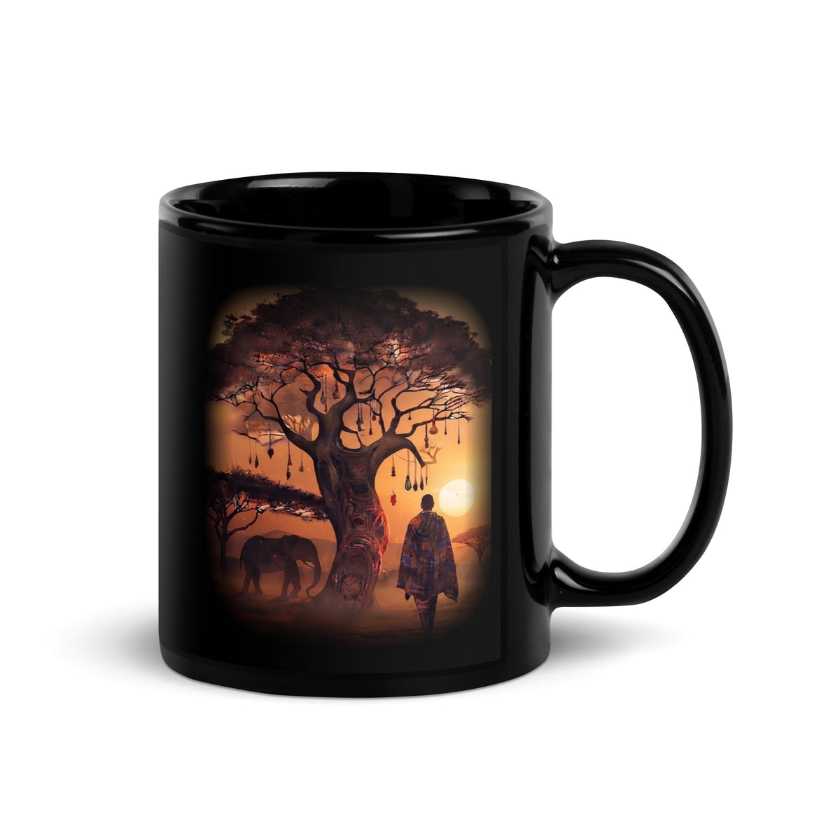 Mug Horizon Africain, voyageur et éléphant au coucher du soleil – céramique noire 325 ml