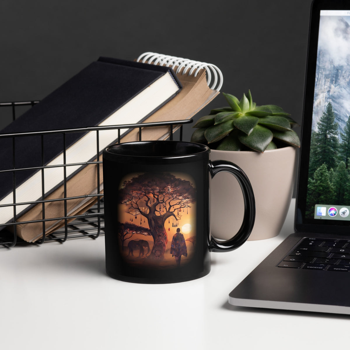 Mug Horizon Africain, voyageur et éléphant au coucher du soleil – vue de l'anse