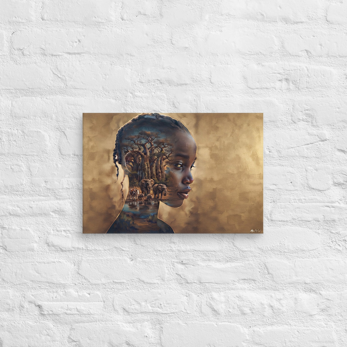 Toile Portrait Ancestral (profil de femme et savane aux baobabs) – vue de face, format 30 × 45 cm