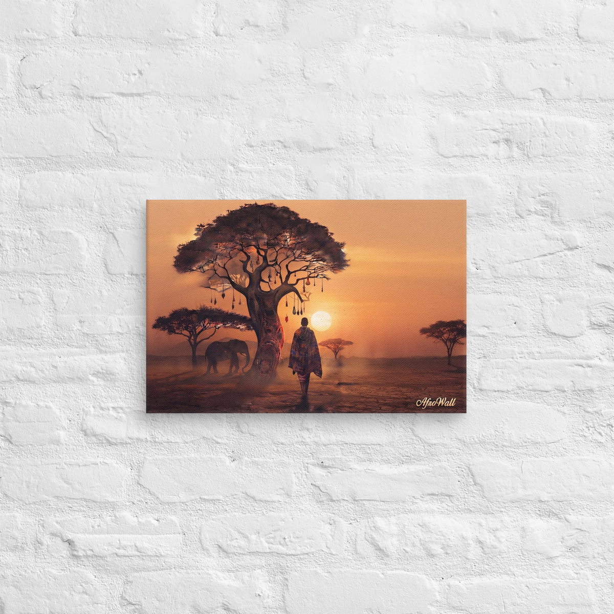 Toile Horizon Africain (voyageur et éléphant au coucher du soleil) – vue de face, format 30 × 45 cm