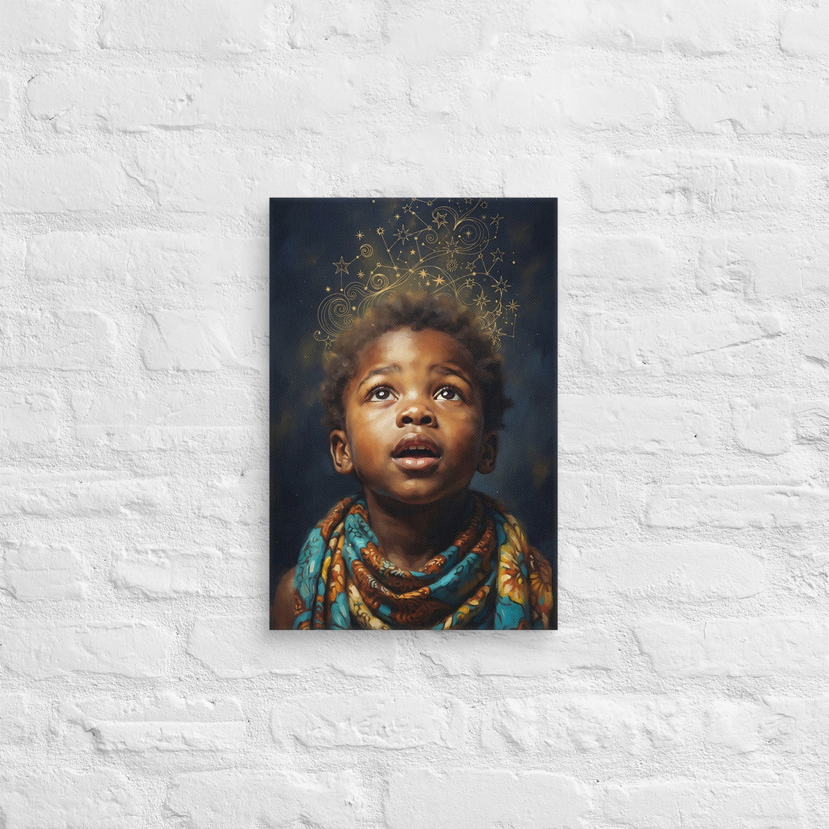 Toile Poussière d'étoiles (enfant contemplant les étoiles) – accrochée au mur, format 30 × 45 cm