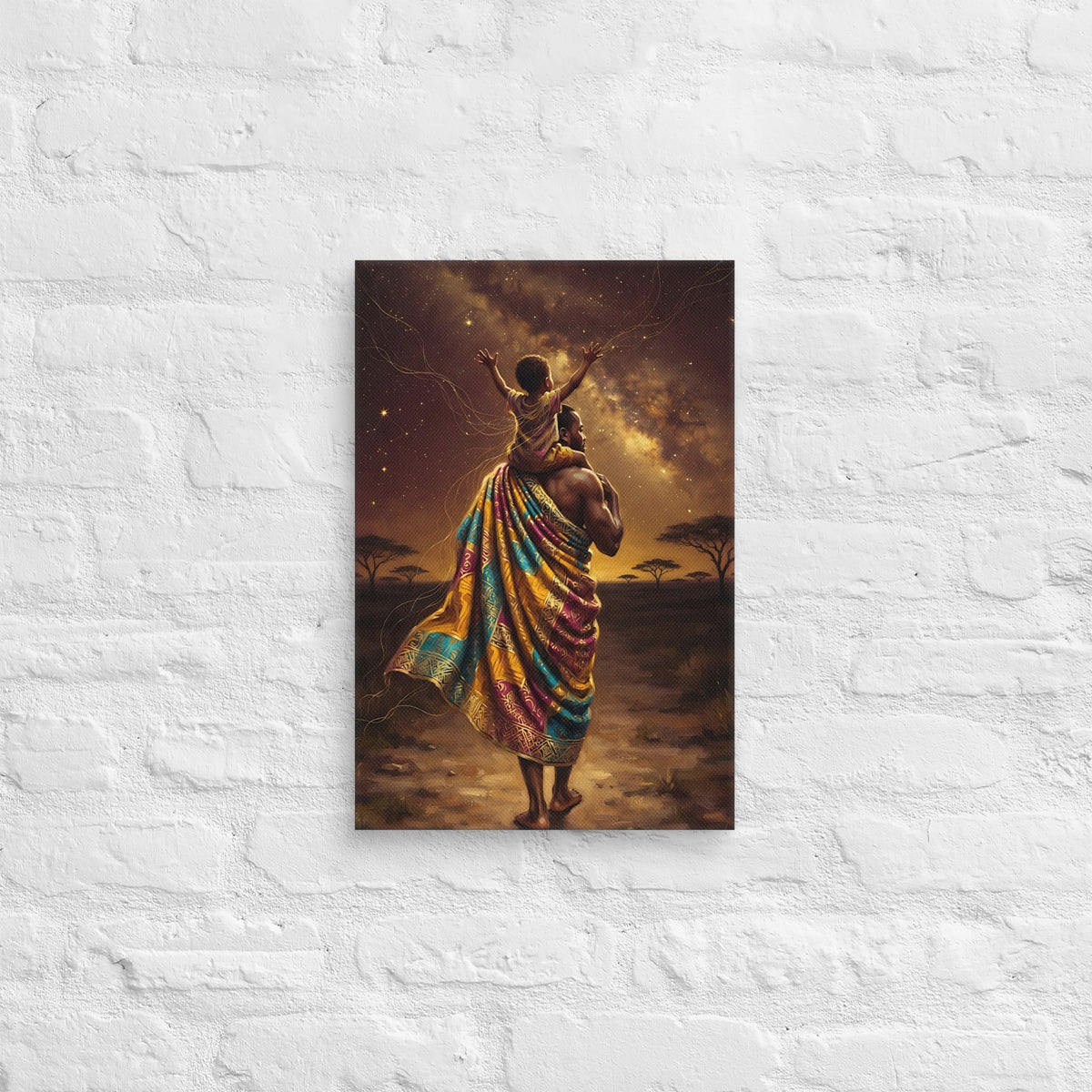 Toile L'avenir sur mes épaules (père portant son fils sous les étoiles) – accrochée au mur, format 30 × 45 cm