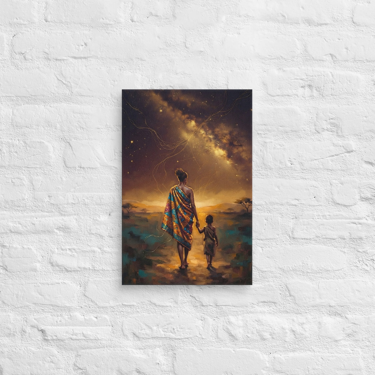 Toile Le chemin vers la lumière (mère et enfant sous la Voie lactée) – accrochée au mur, format 30 × 45 cm