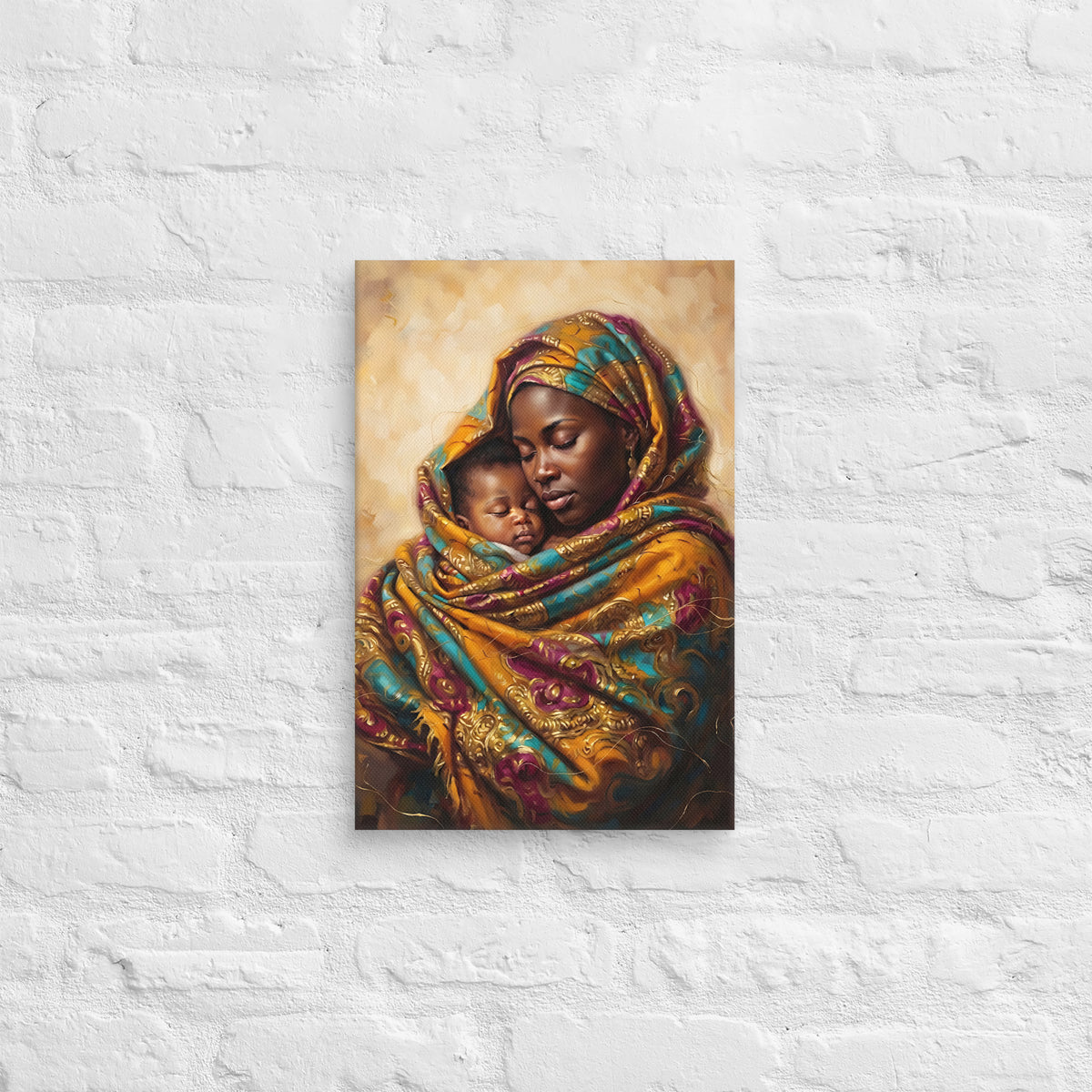 Toile Mon Refuge (mère et bébé enveloppés dans un wax) – accrochée au mur, format 30 × 45 cm