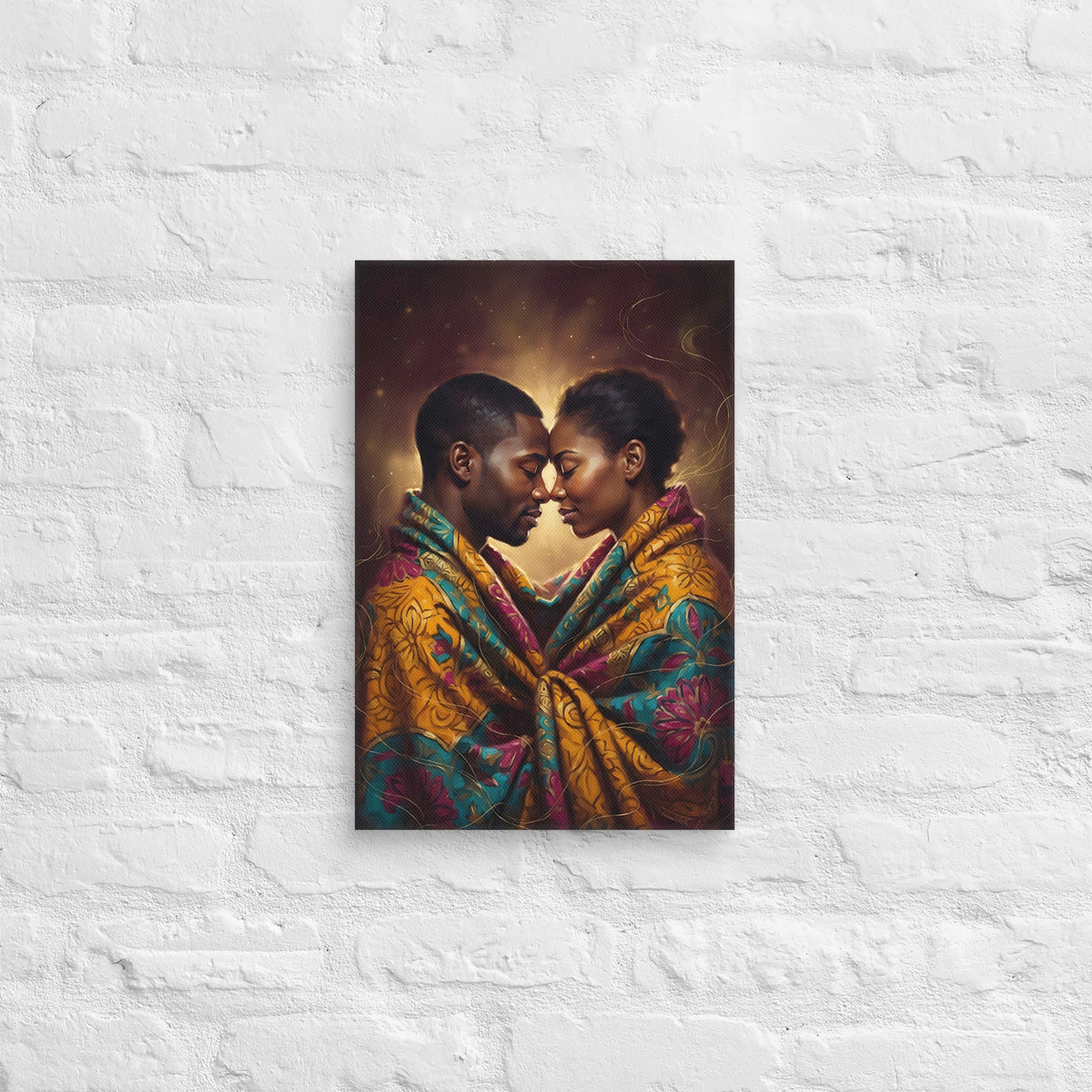 Toile Un seul souffle (couple front contre front dans un pagne wax) – accrochée au mur, format 30 × 45 cm