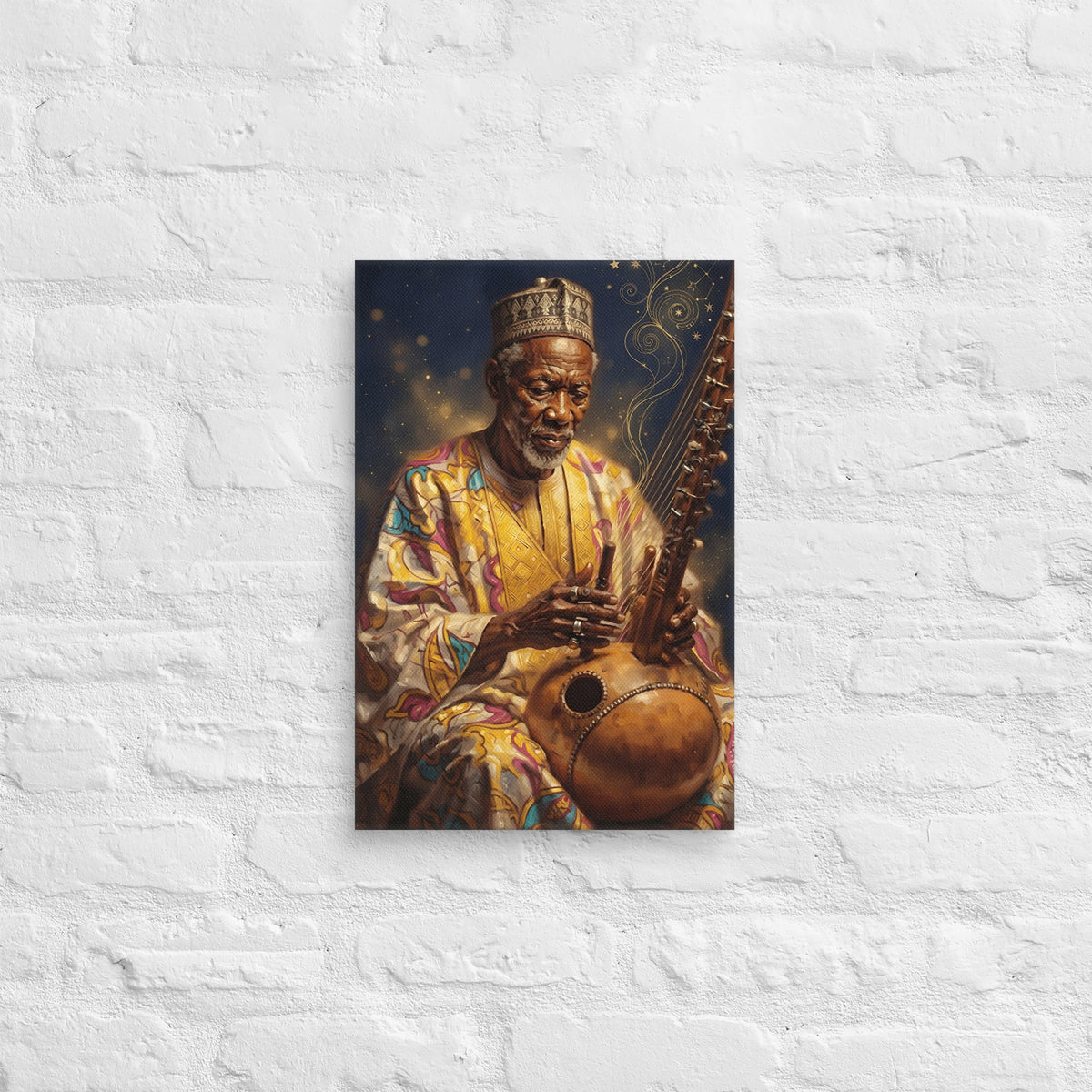 Toile Mémoire vivante (griot jouant de la kora) – accrochée au mur, format 30 × 45 cm