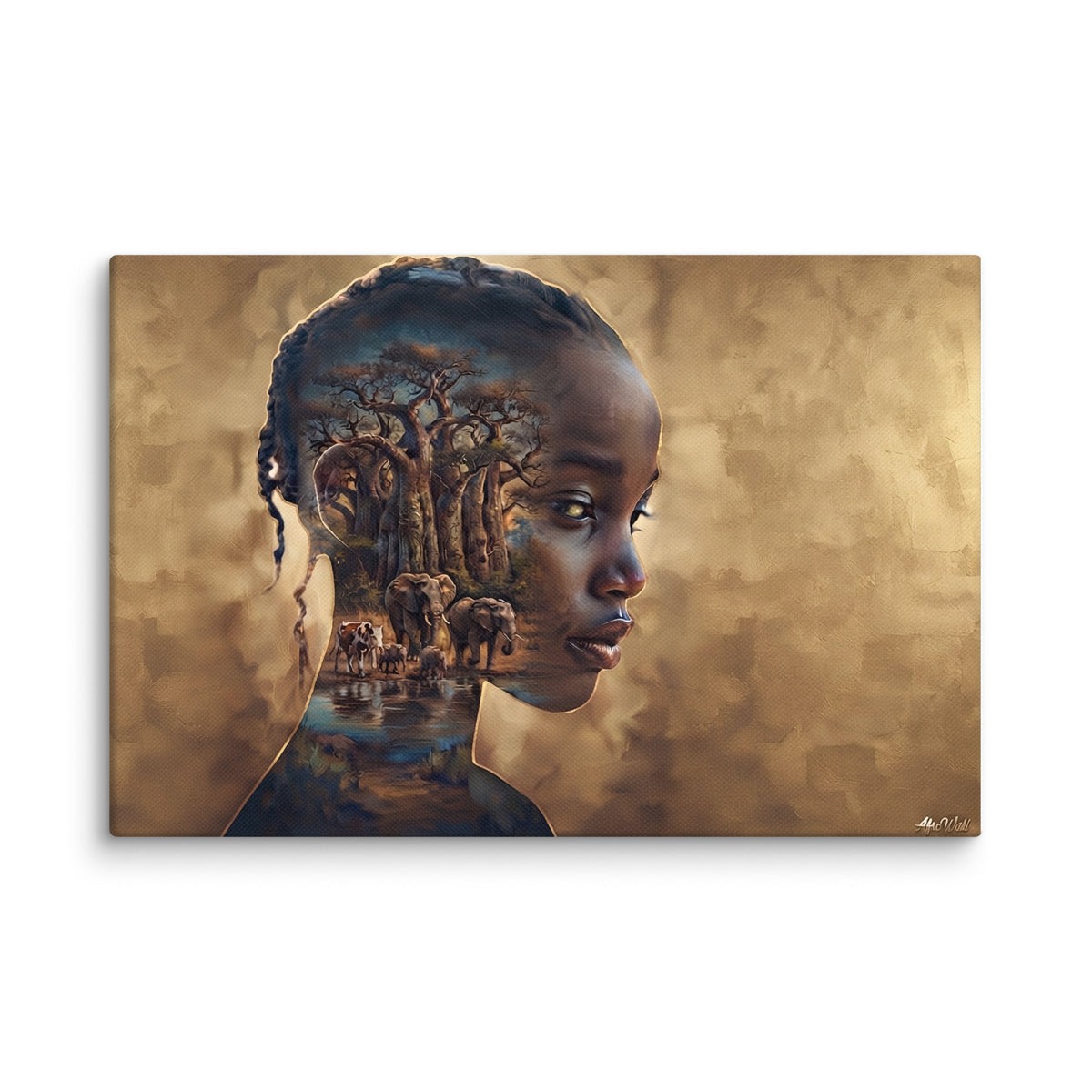 Toile Portrait Ancestral (profil de femme et savane aux baobabs) – accrochée au mur, format 30 × 45 cm