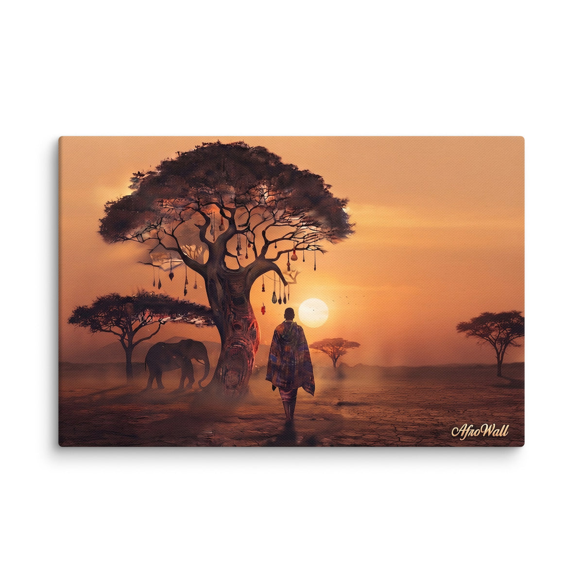 Toile Horizon Africain (voyageur et éléphant au coucher du soleil) – accrochée au mur, format 30 × 45 cm