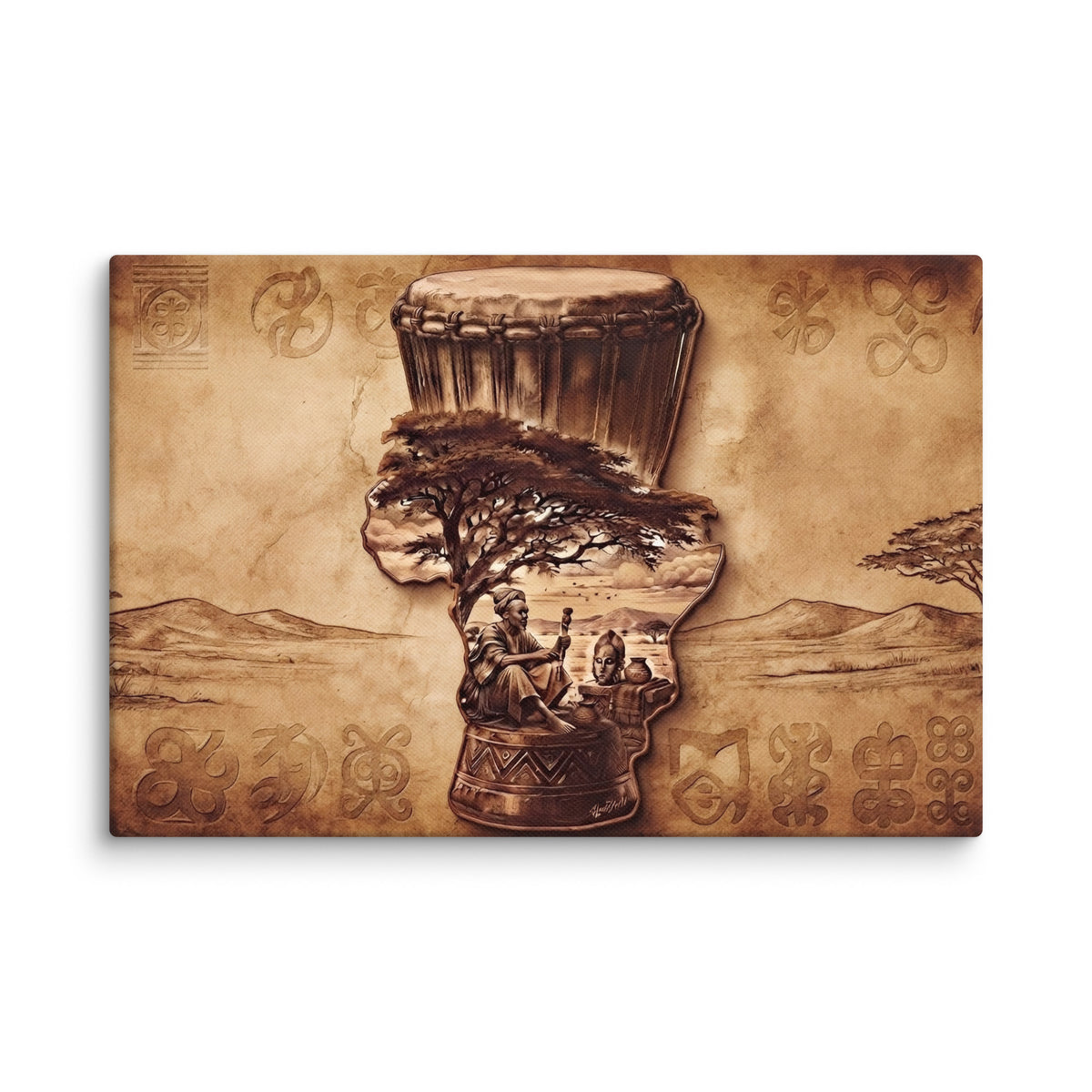 Toile Terre Mère (djembé, acacia et symboles adinkra) – accrochée au mur, format 30 × 45 cm