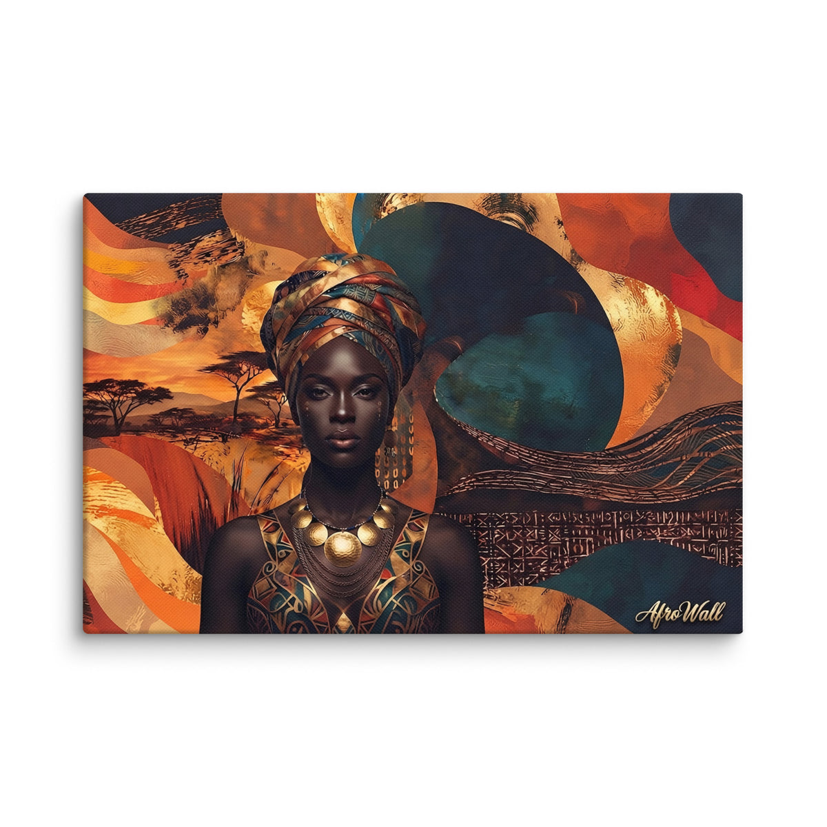 Toile Majesté (portrait de femme au foulard doré) – accrochée au mur, format 30 × 45 cm