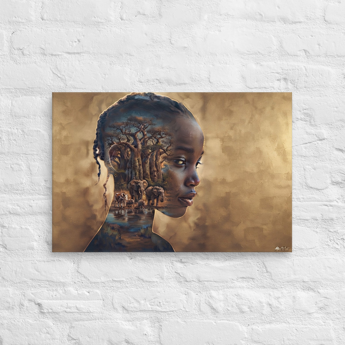 Toile Portrait Ancestral (profil de femme et savane aux baobabs) – vue de face, format 40 × 60 cm