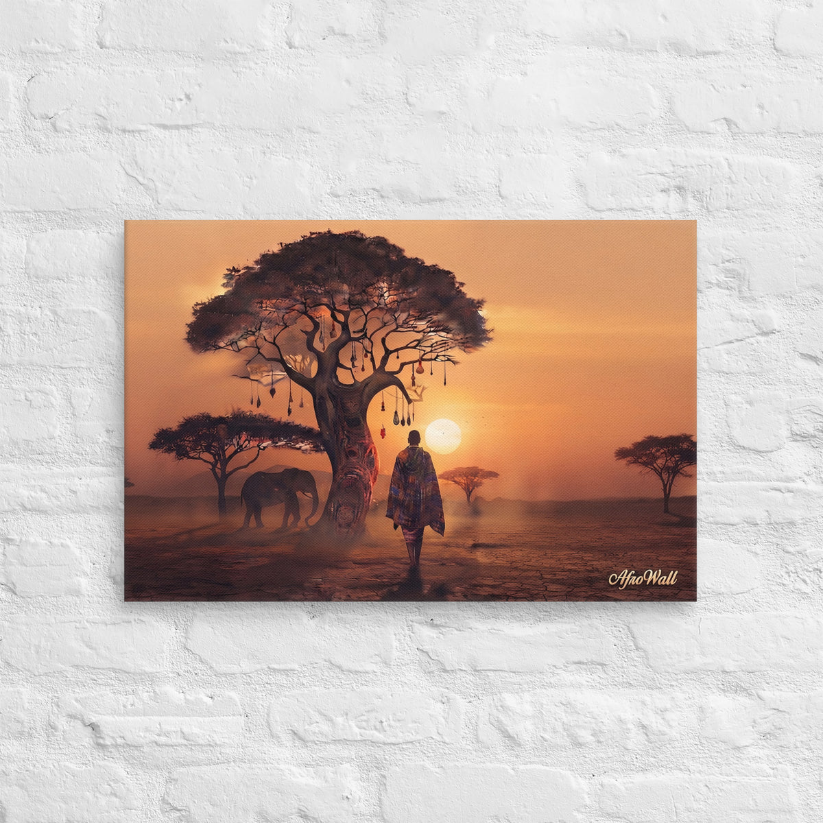 Toile Horizon Africain (voyageur et éléphant au coucher du soleil) – vue de face, format 40 × 60 cm