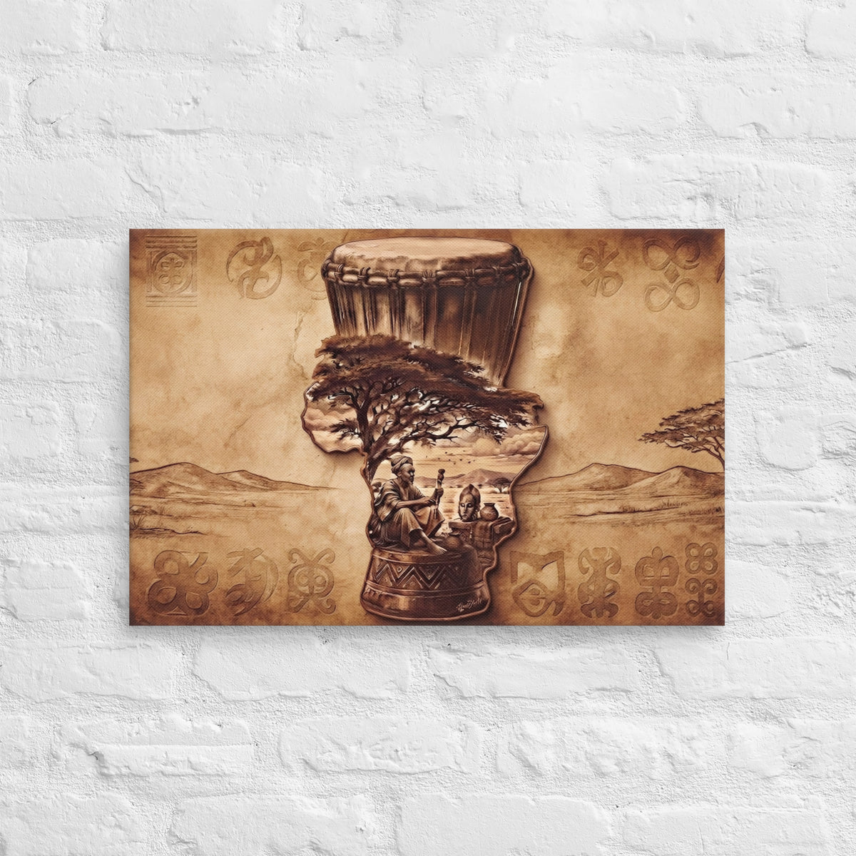 Toile Terre Mère (djembé, acacia et symboles adinkra) – vue de face, format 40 × 60 cm