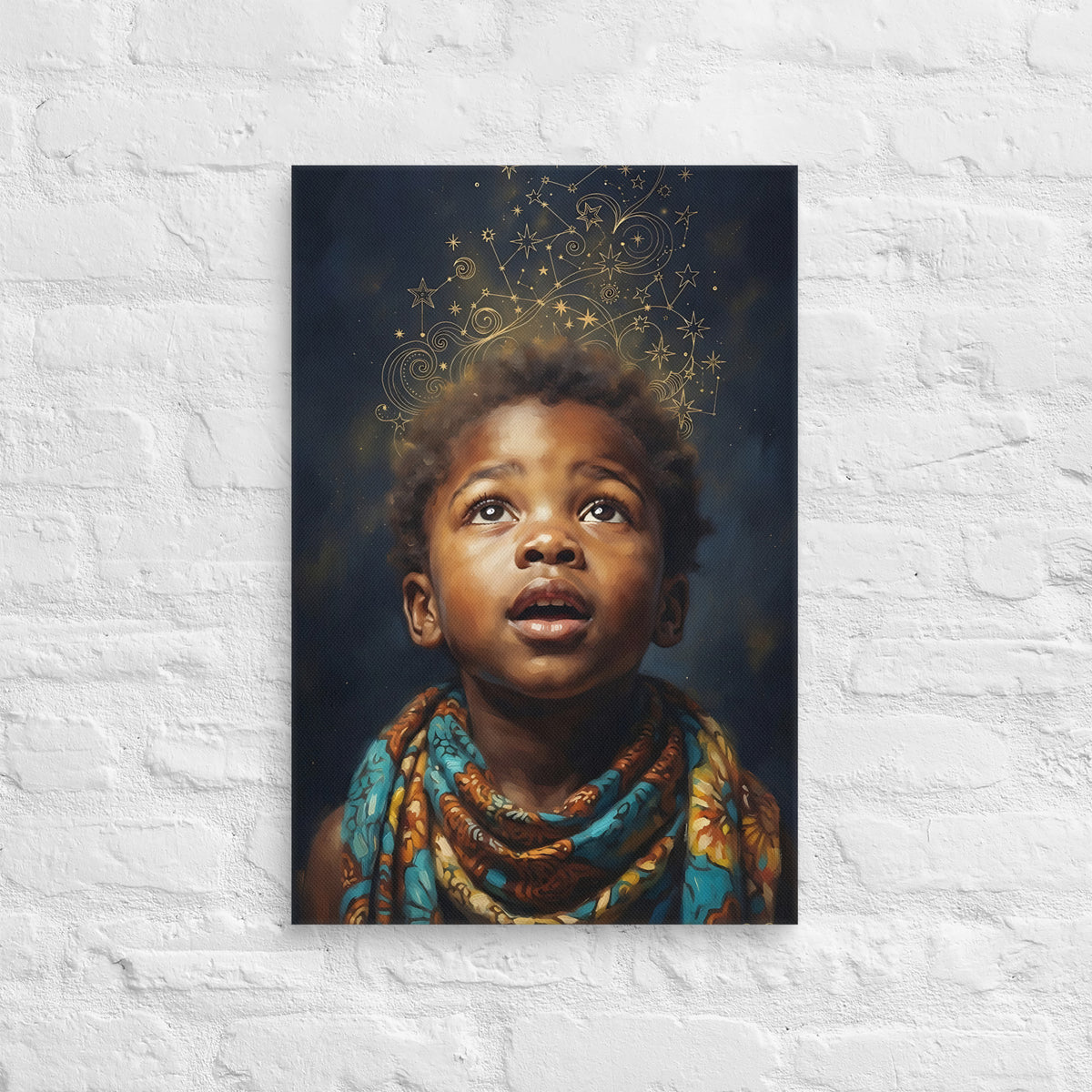 Toile Poussière d'étoiles (enfant contemplant les étoiles) – accrochée au mur, format 40 × 60 cm