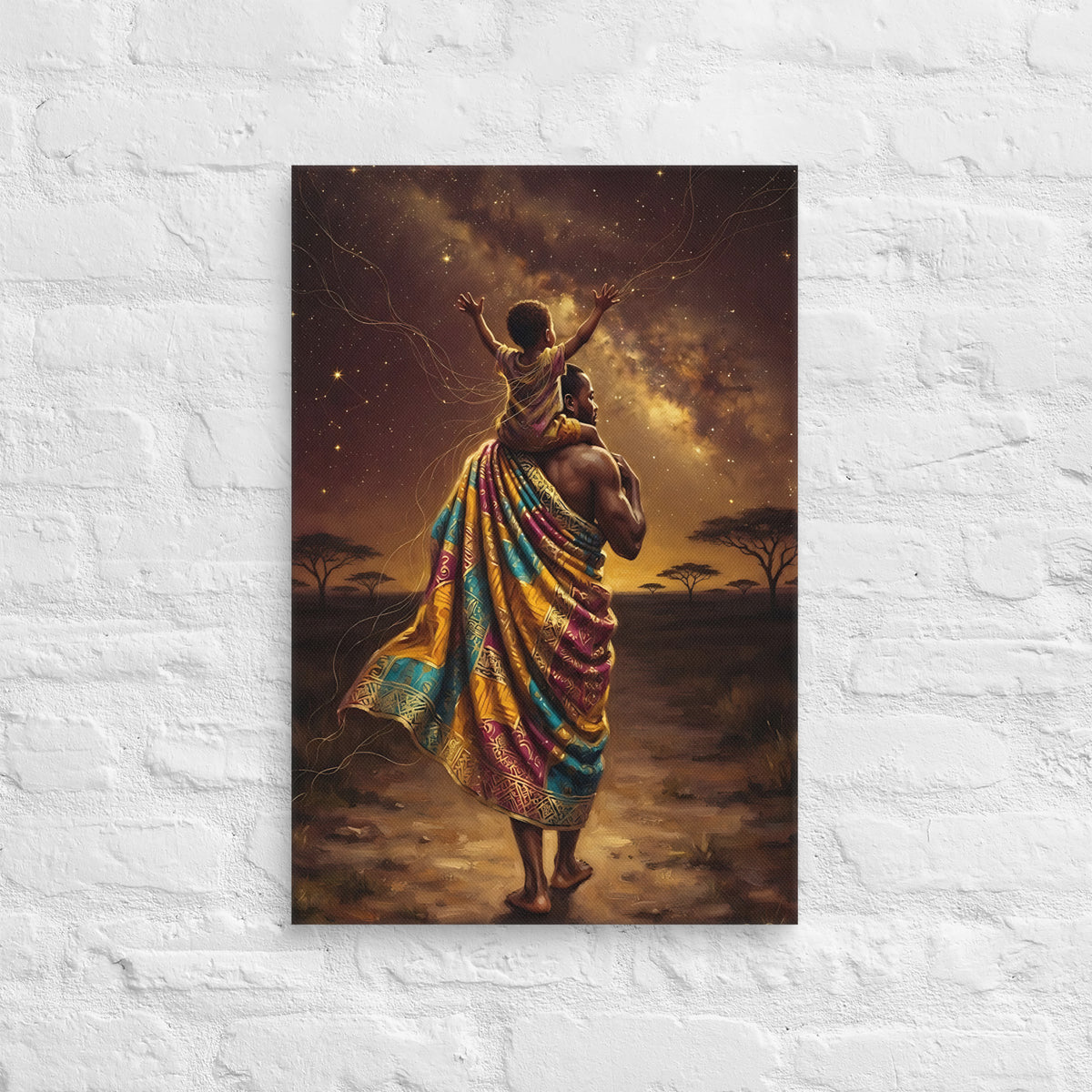 Toile L'avenir sur mes épaules (père portant son fils sous les étoiles) – accrochée au mur, format 40 × 60 cm