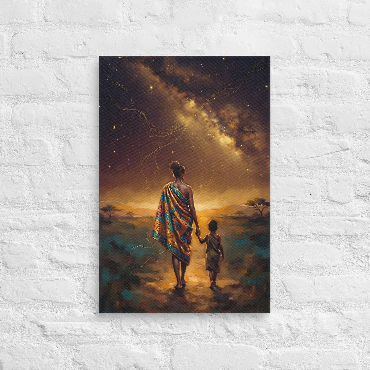 Toile Le chemin vers la lumière (mère et enfant sous la Voie lactée) – accrochée au mur, format 40 × 60 cm