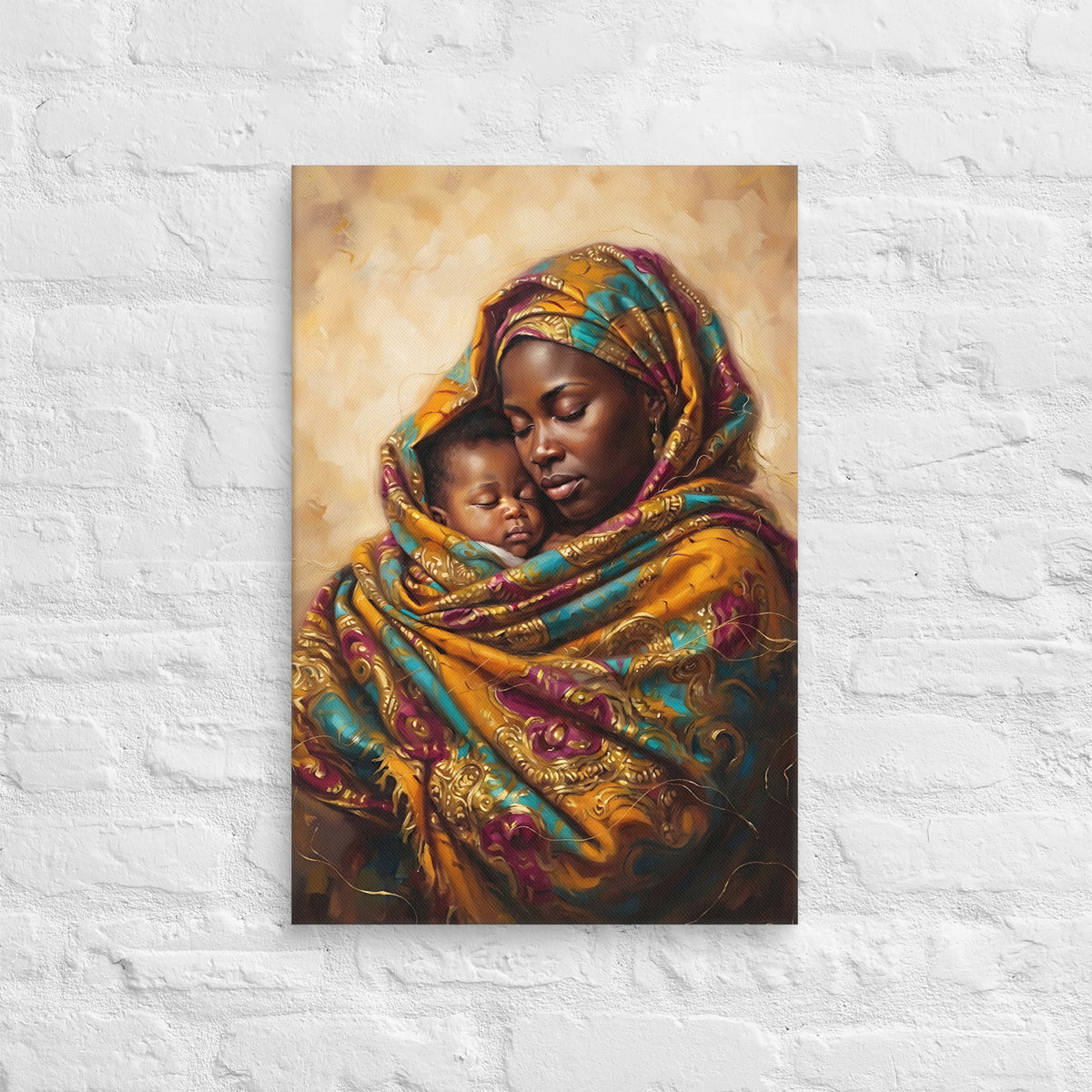 Toile Mon Refuge (mère et bébé enveloppés dans un wax) – accrochée au mur, format 40 × 60 cm