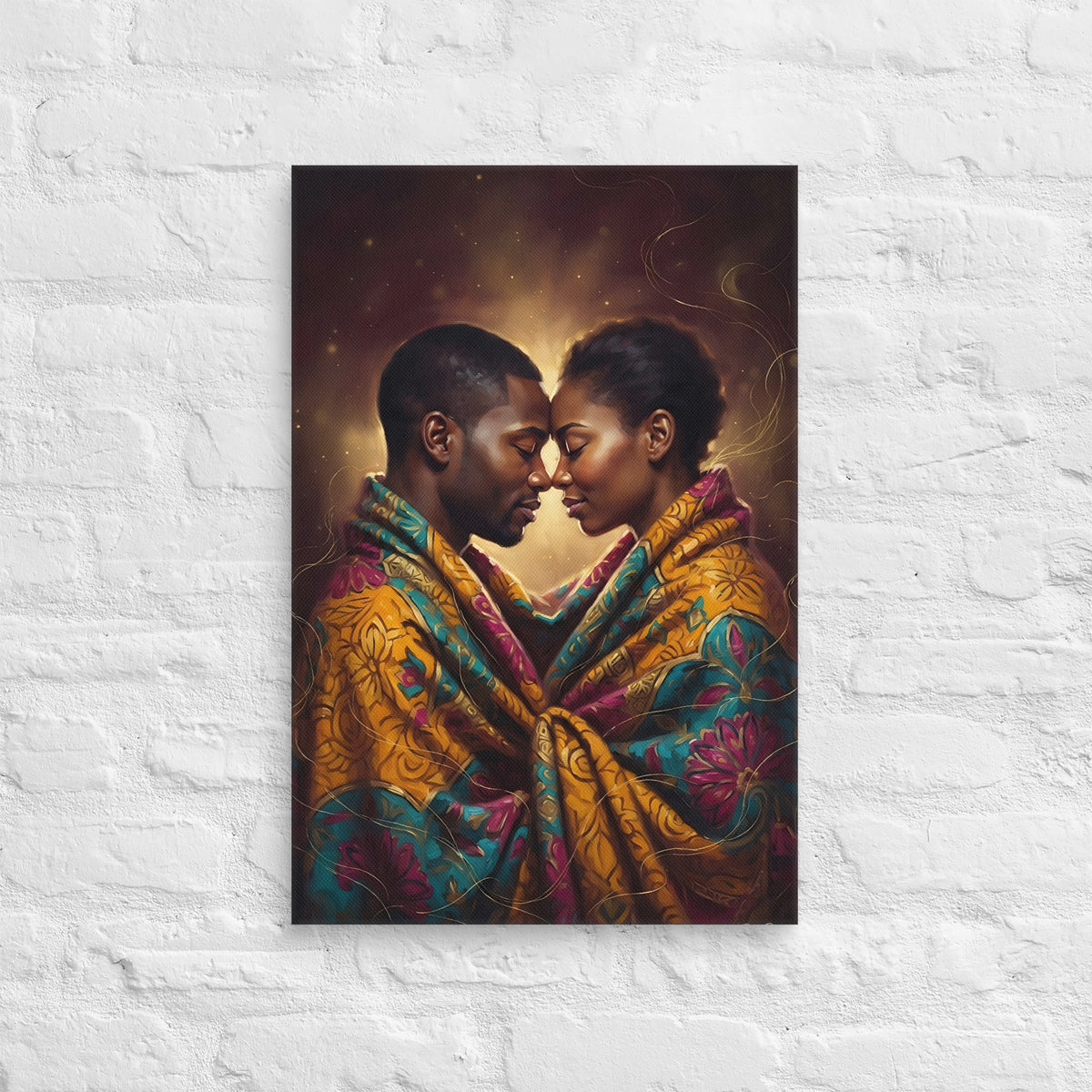 Toile Un seul souffle (couple front contre front dans un pagne wax) – accrochée au mur, format 40 × 60 cm