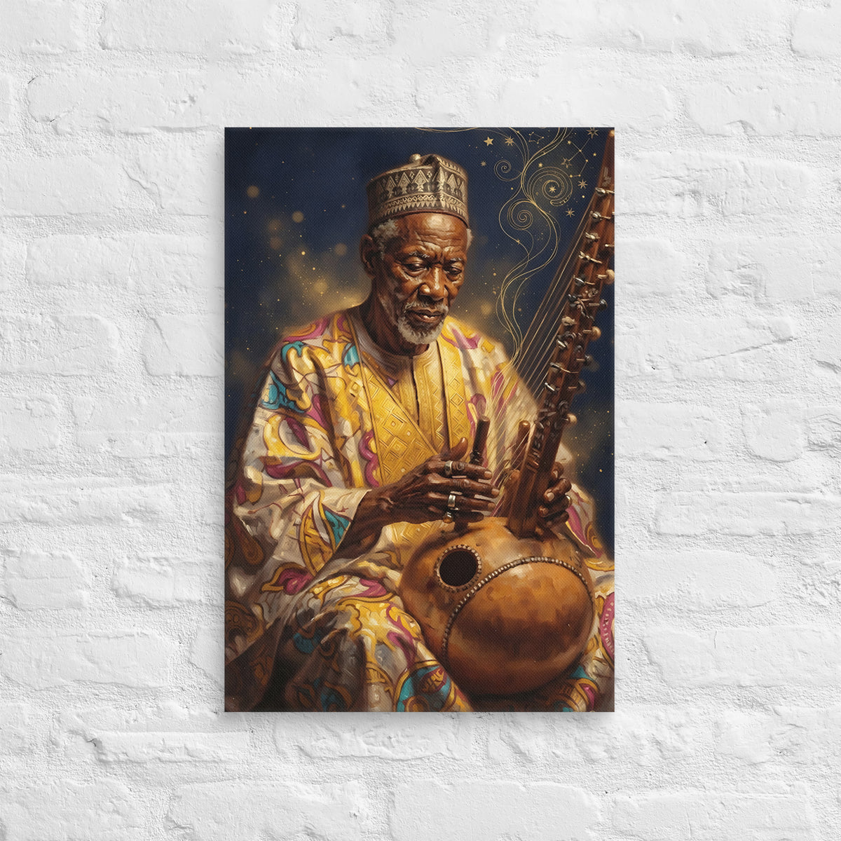 Toile Mémoire vivante (griot jouant de la kora) – accrochée au mur, format 40 × 60 cm