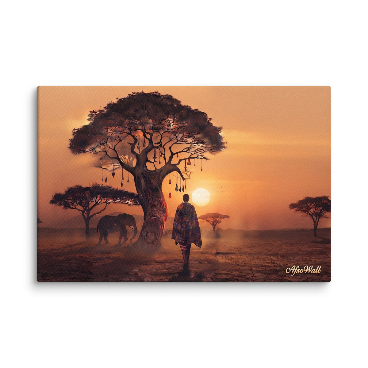 Toile Horizon Africain (voyageur et éléphant au coucher du soleil) – accrochée au mur, format 40 × 60 cm