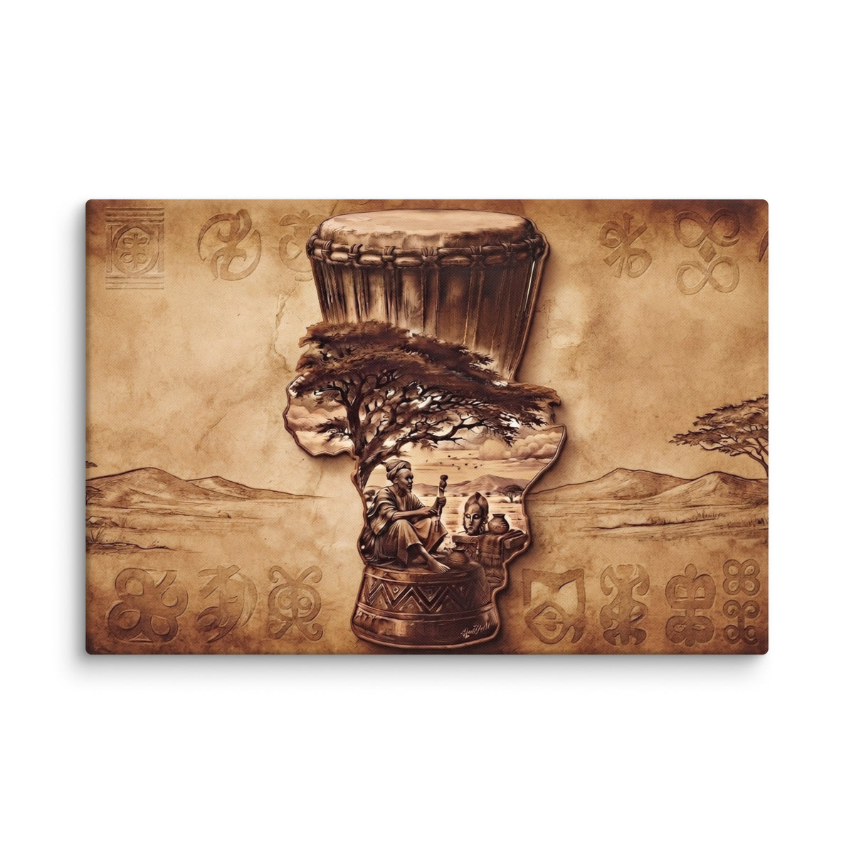 Toile Terre Mère (djembé, acacia et symboles adinkra) – accrochée au mur, format 40 × 60 cm
