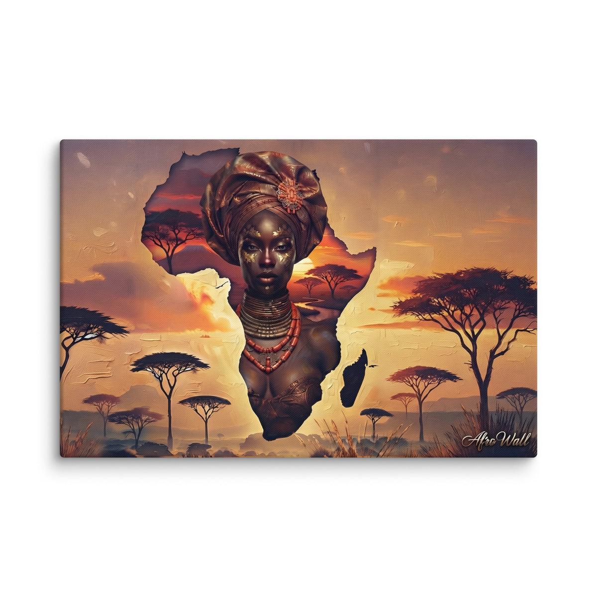 Toile Âme du Continent (femme dans la carte de l'Afrique) – accrochée au mur, format 40 × 60 cm