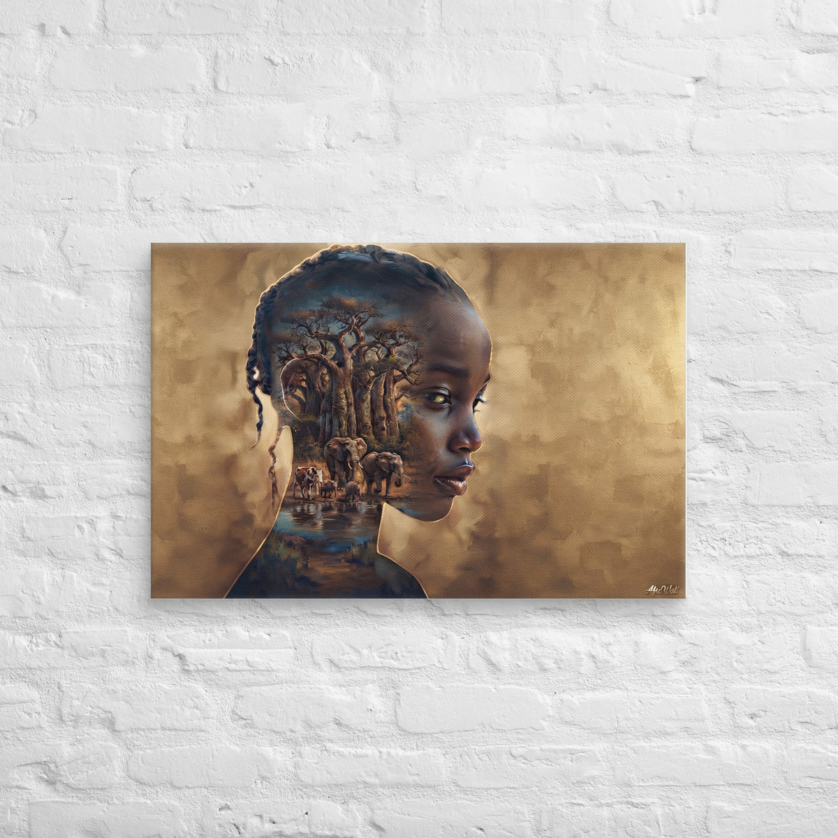 Toile Portrait Ancestral (profil de femme et savane aux baobabs) – vue de face, format 50 × 75 cm