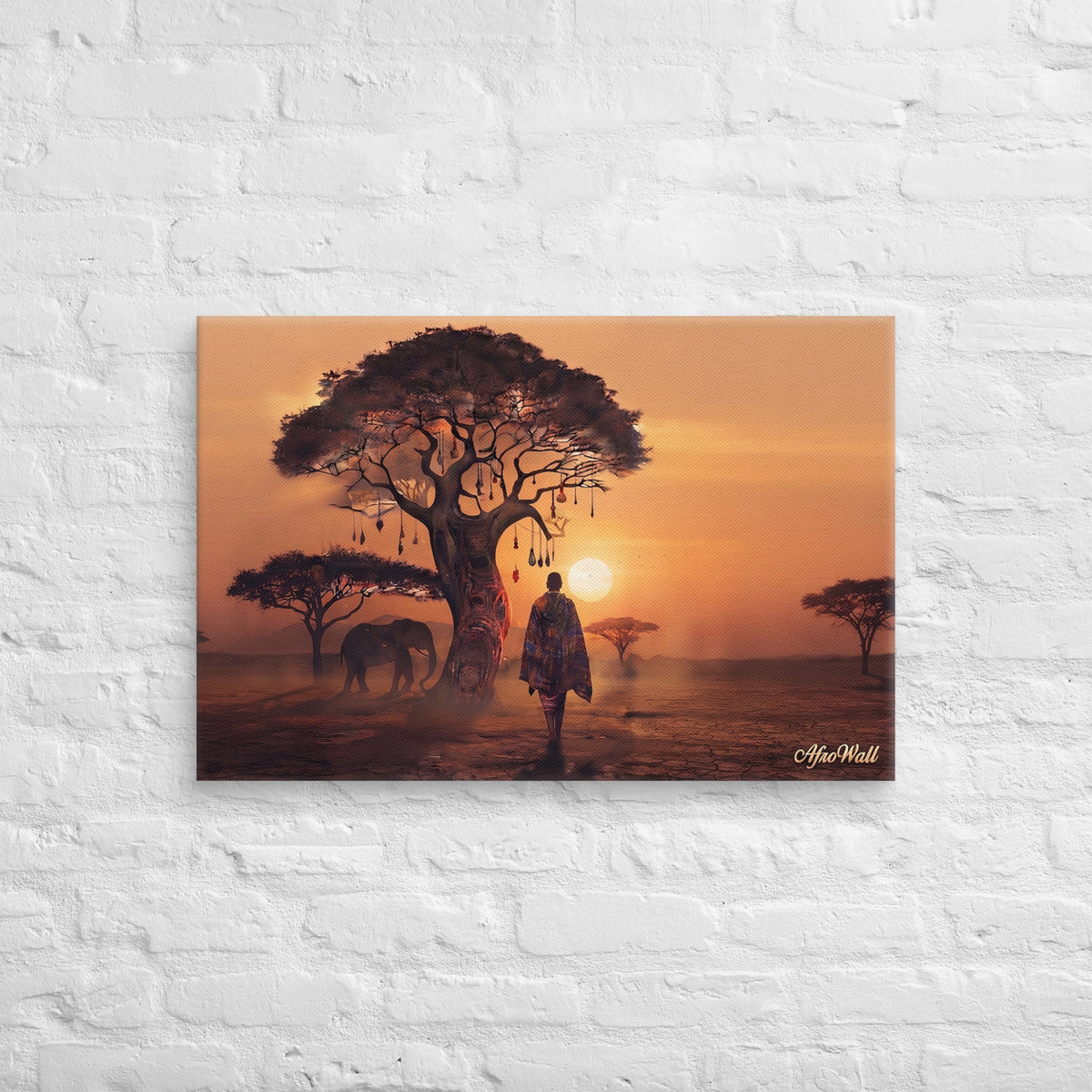 Toile Horizon Africain (voyageur et éléphant au coucher du soleil) – vue de face, format 50 × 75 cm