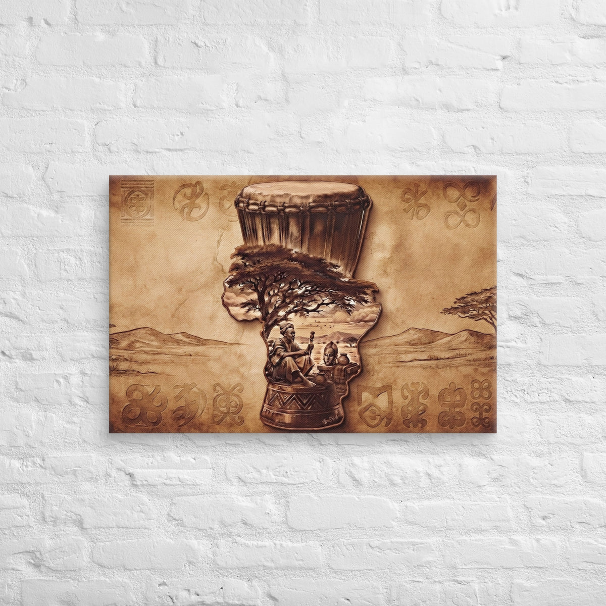 Toile Terre Mère (djembé, acacia et symboles adinkra) – vue de face, format 50 × 75 cm
