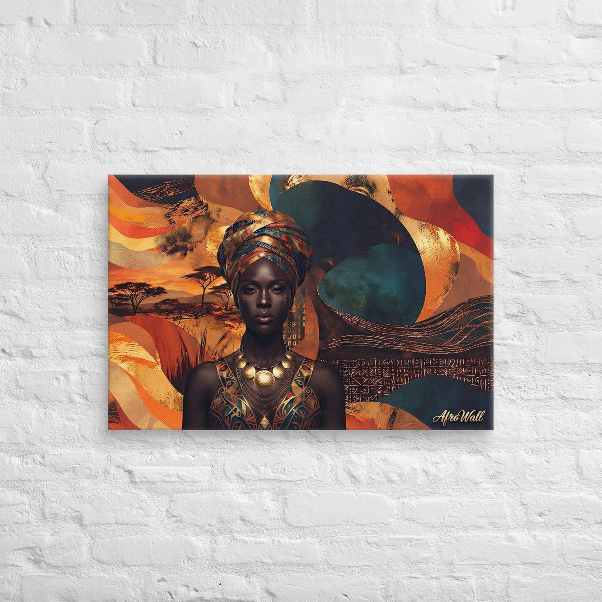 Toile Majesté (portrait de femme au foulard doré) – vue de face, format 50 × 75 cm