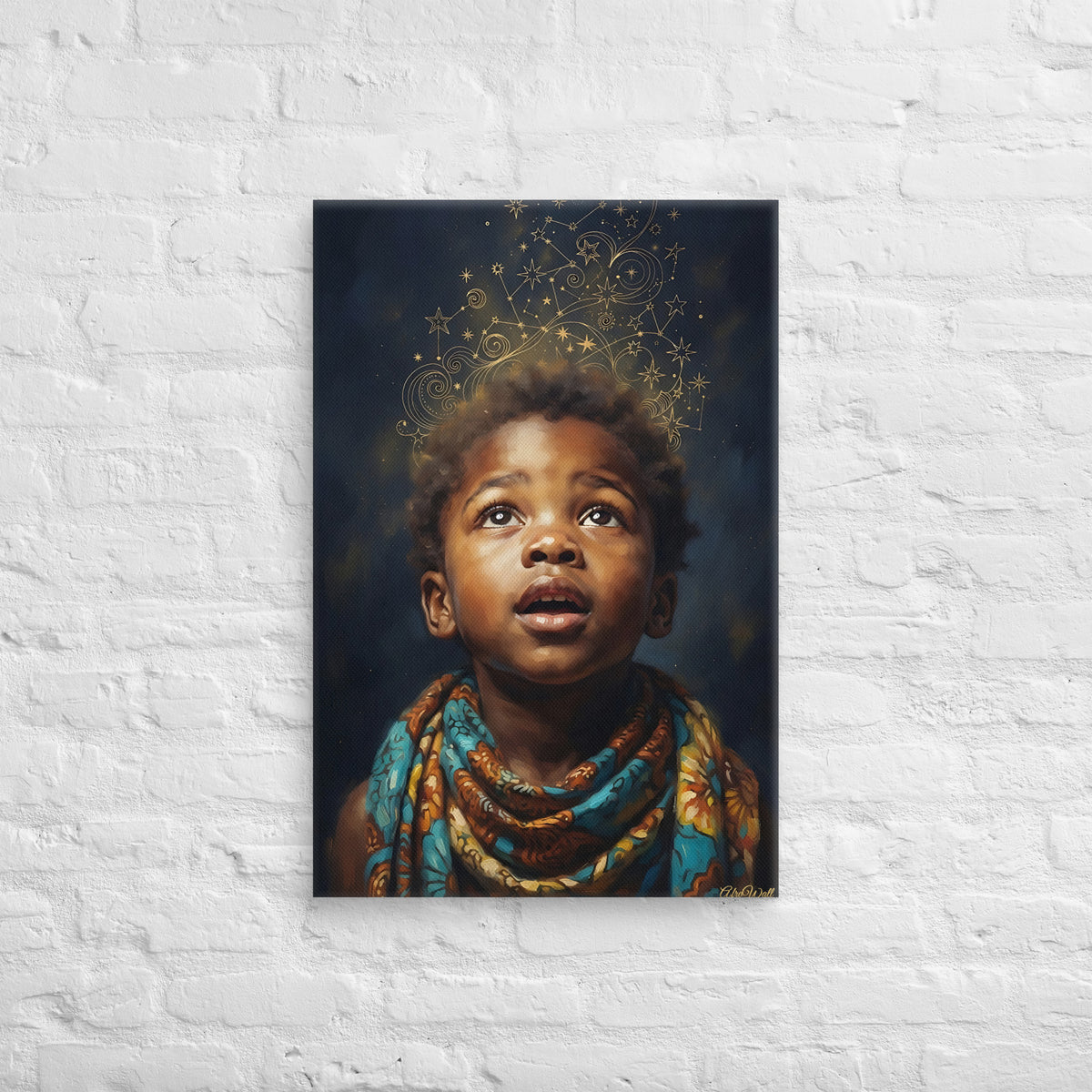 Toile Poussière d'étoiles (enfant contemplant les étoiles) – accrochée au mur, format 50 × 75 cm