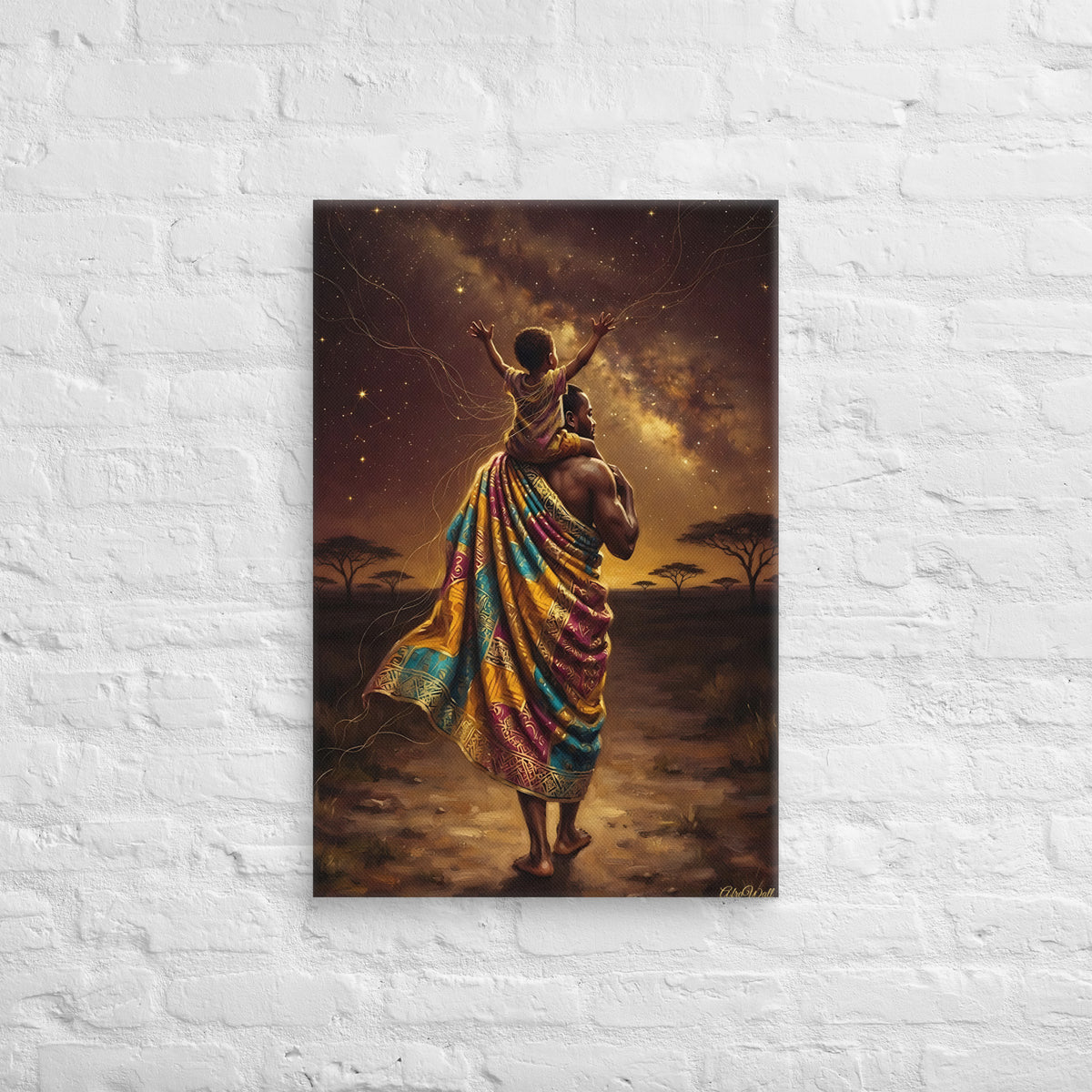Toile L'avenir sur mes épaules (père portant son fils sous les étoiles) – accrochée au mur, format 50 × 75 cm
