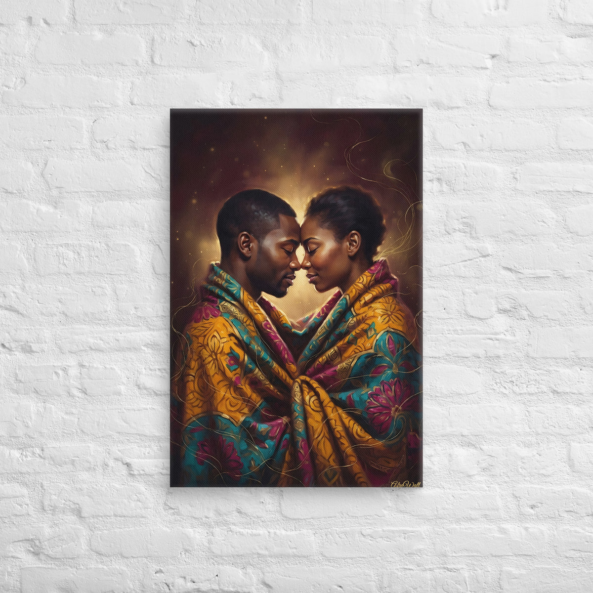 Toile Un seul souffle (couple front contre front dans un pagne wax) – accrochée au mur, format 50 × 75 cm